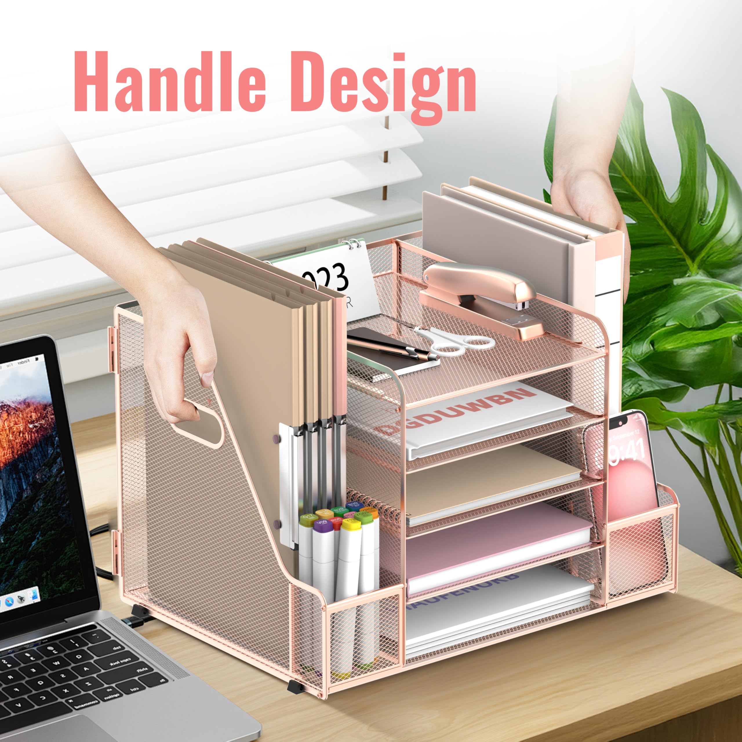 SUPEASY Gitter - Schreibtischorganizer mit Dateienhalter, 5 - Schichten - Papier - und Briefkastenträger mit Magazinehalter, Schreibtischorganizer und Lagerungseinheit, Rose Gold