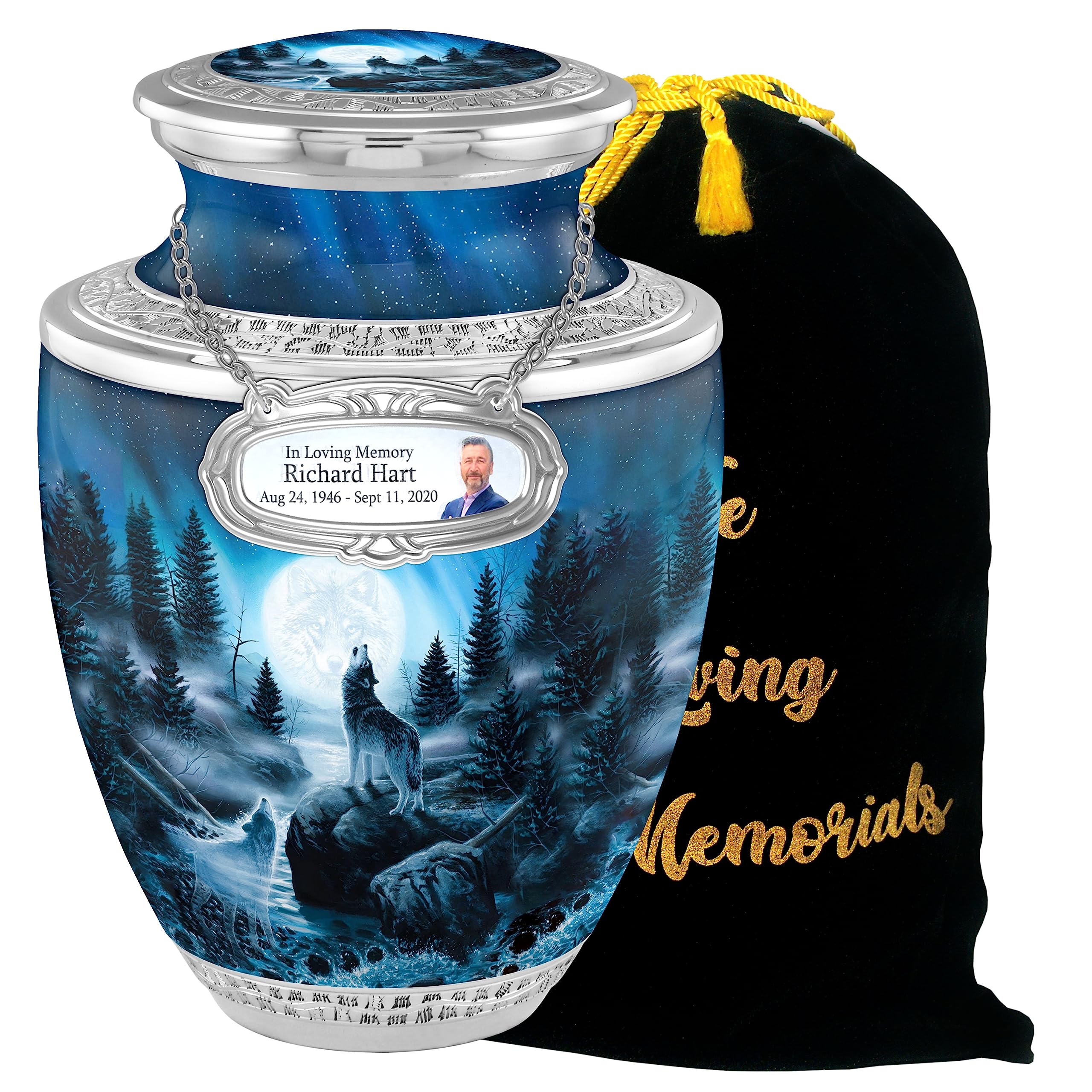 Personalized Medallion Wolf Wisdom Cremation Urns for Adult Ashes Male Female - 200lbs Burial Urns for Human Ashes - Handcrafted Funeral Decorative Urns for Ashes Adult Male with Velvet Bag