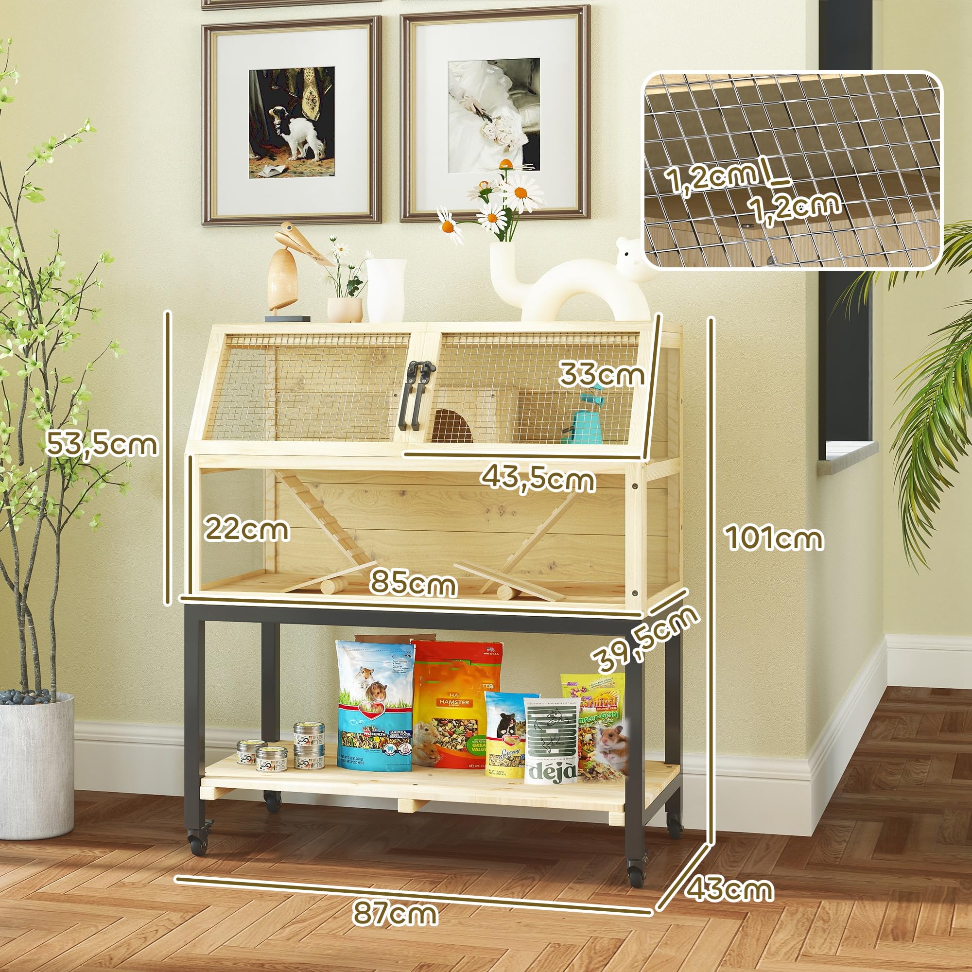 PawHut Hamsterkäfig aus Holz, Nagerkäfig mit Ablagefläche, Wasserflasche, Hütte, Wippen, Kleintierkäfig mit Rädern, Rampen, für Zwerghamster Naturholz 87 x 43 x 101 cm