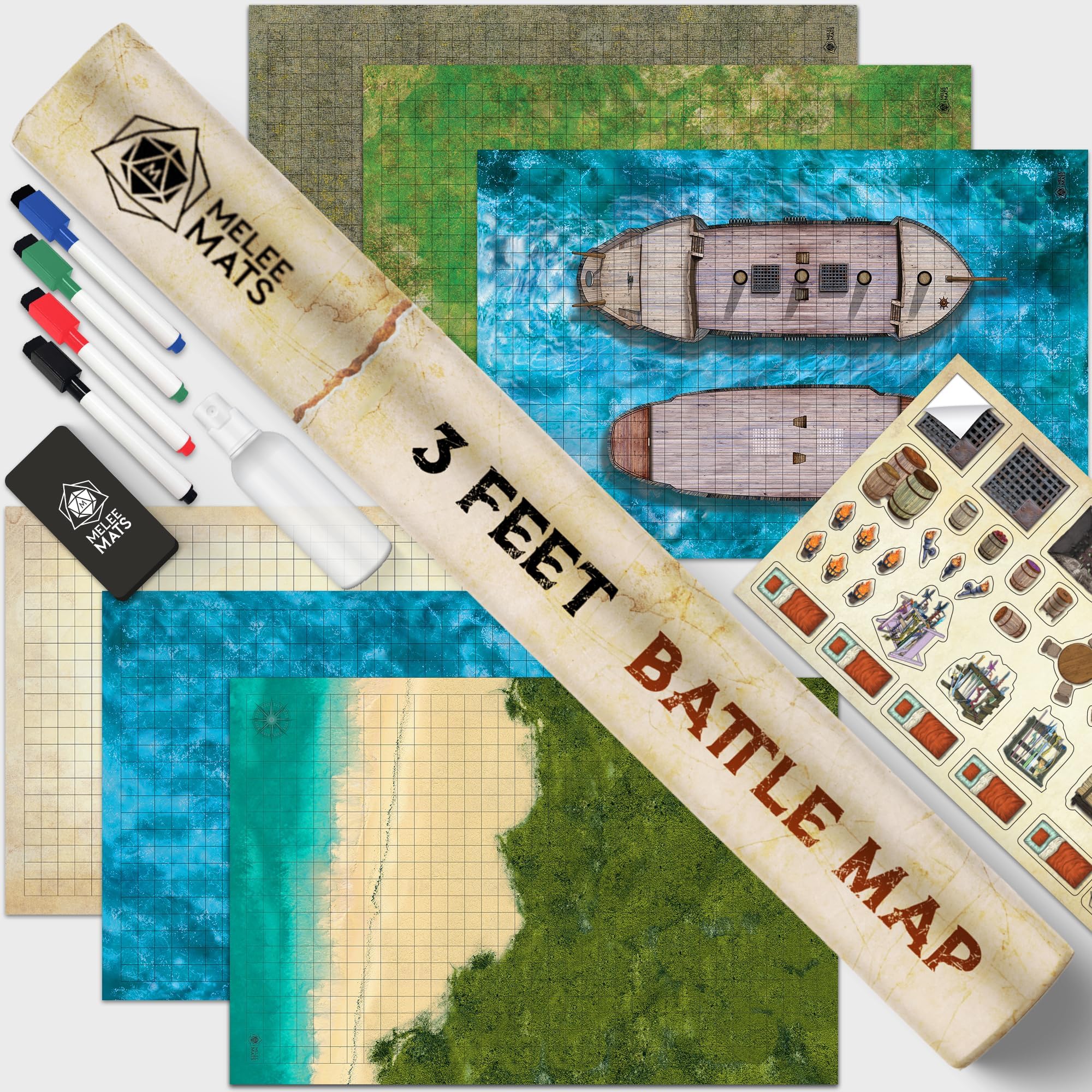 Melee Mats DND Map Starter Set for Dungeons and Dragons - 24” x 36" 3 Pack Double Sided, Wet & Dry Erase Battle Terrain Grid - Tabletop Board Gaming Kit with Accessories