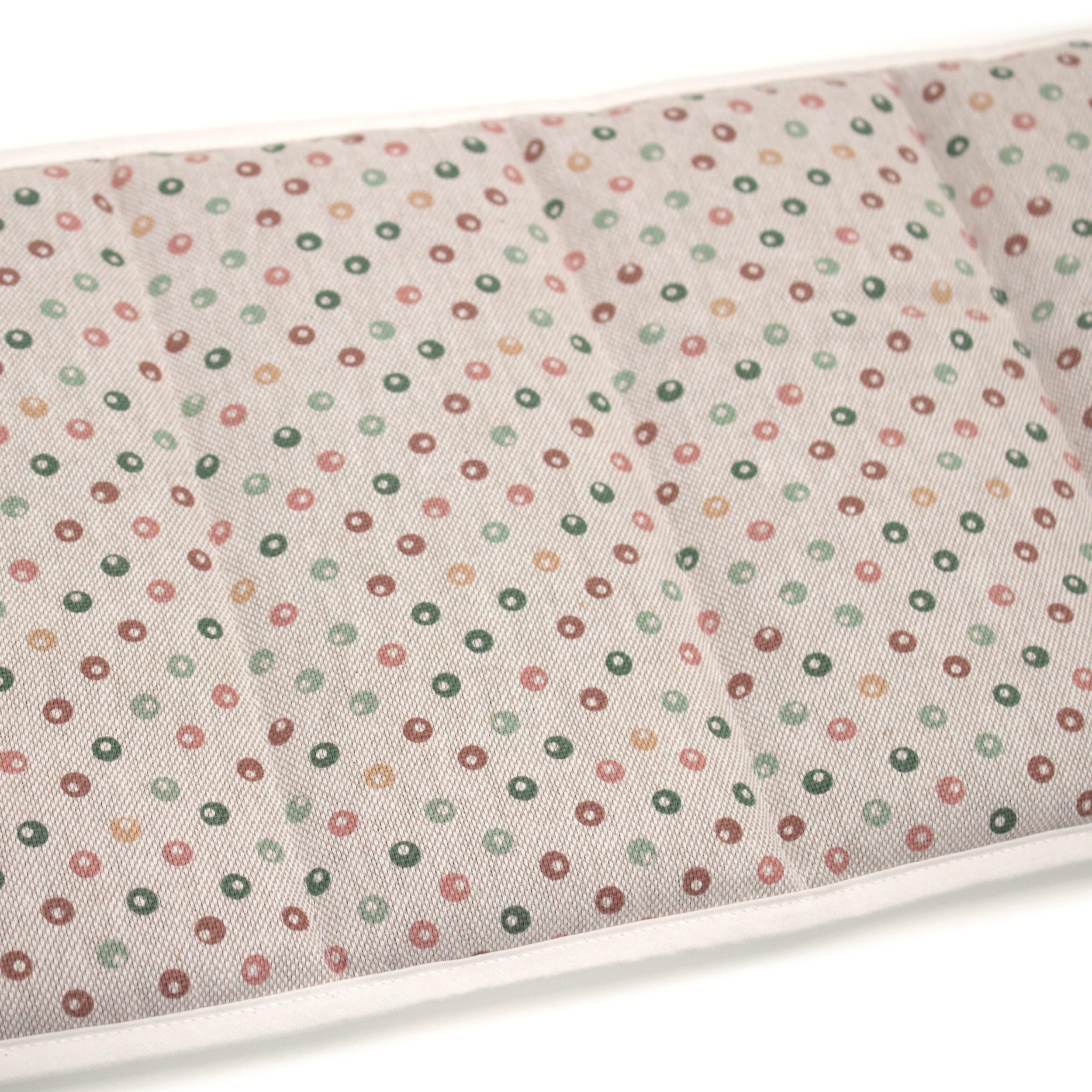 Cuscino termico cintura, semi di lino (Lunghezza totale: 135cm, pois multiciolore, Cotone Bio) Cuscino riscaldabile per forno, microonde e frigorifero. Caldo e freddo