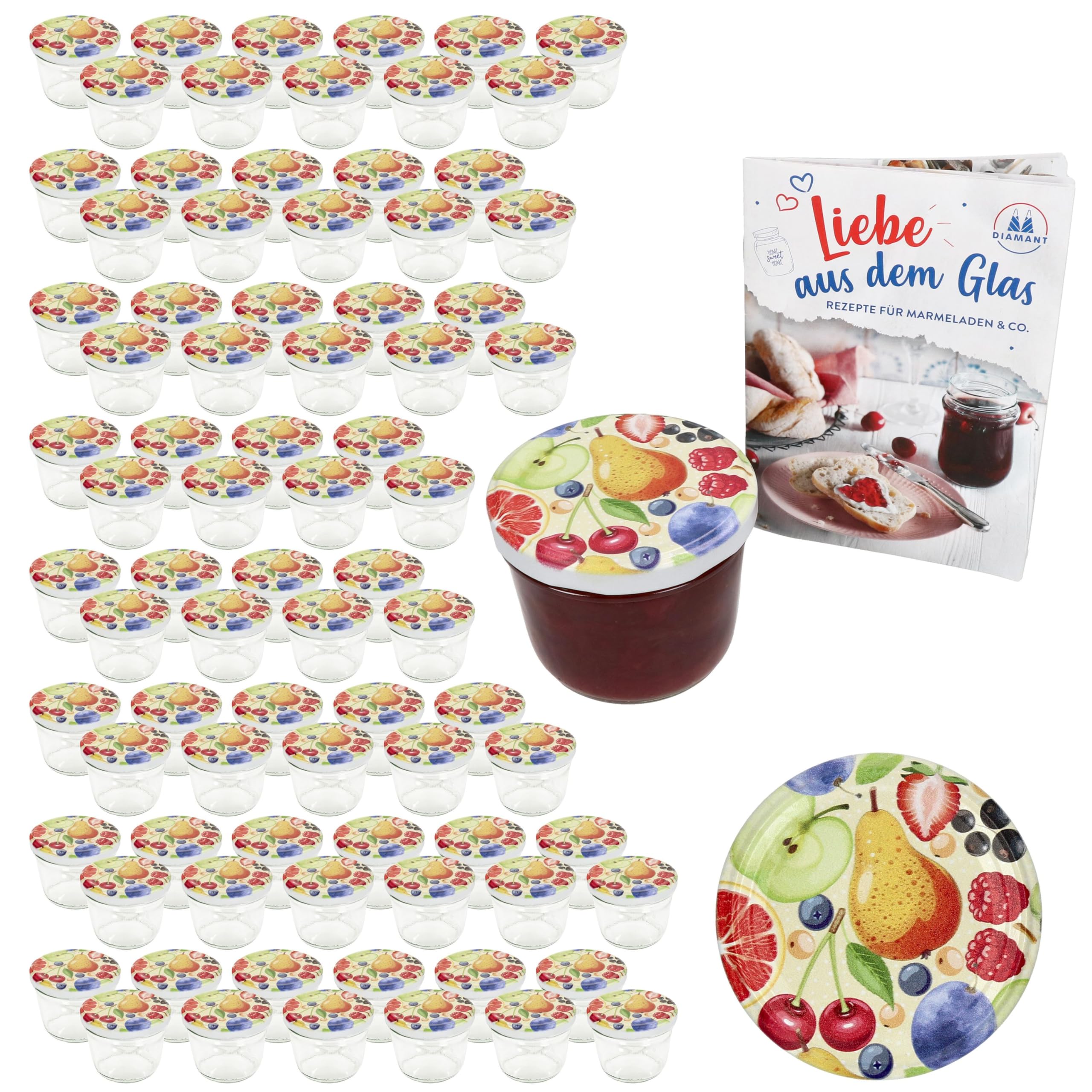 MamboCat 100er Set Sturzglas 230 ml mit Schraub-Deckel Comic-Obst I Einmachgläser + to 82 Deckel mit Diamant-Zucker-Rezept I Vorratsgläser einkochen & konservieren