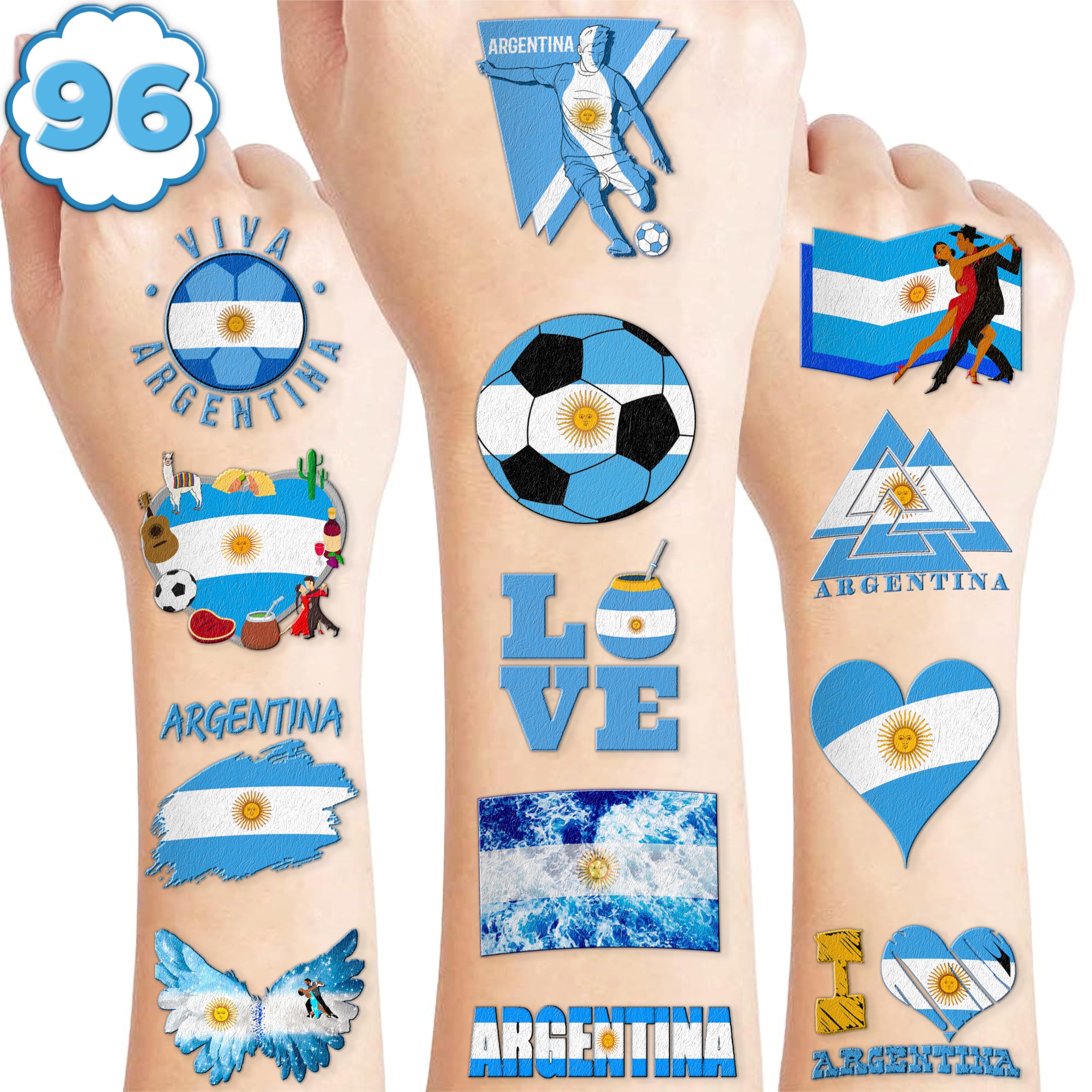 96 PCS Argentina Pre-Cut Soccer Flag Temporary Tattoos Themed Birthday Party Decorations Supplies Decor Favors Football Blue Argentinian Tattoo Stickers Gifts For Game Boys Girls Class School Prizes