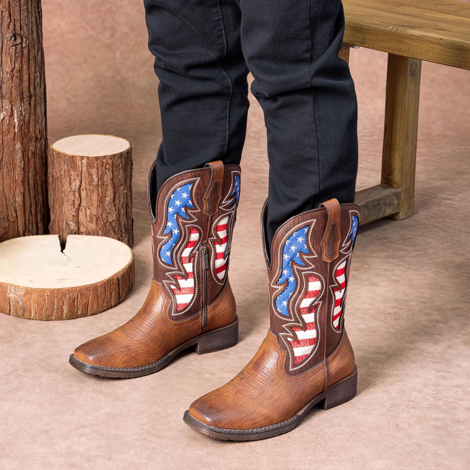 Jousen Cowboy Boots for Men Western Boot Side Zipper American Flag Retro Square Toe Mid-Calf Mens Boots