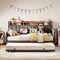 LIKIMIO Twin Daybed with Trundle Bed, Upholstered Storage Headboard & Charging Station, Sturdy Metal Frame for Bedroom & Guest Room - Black