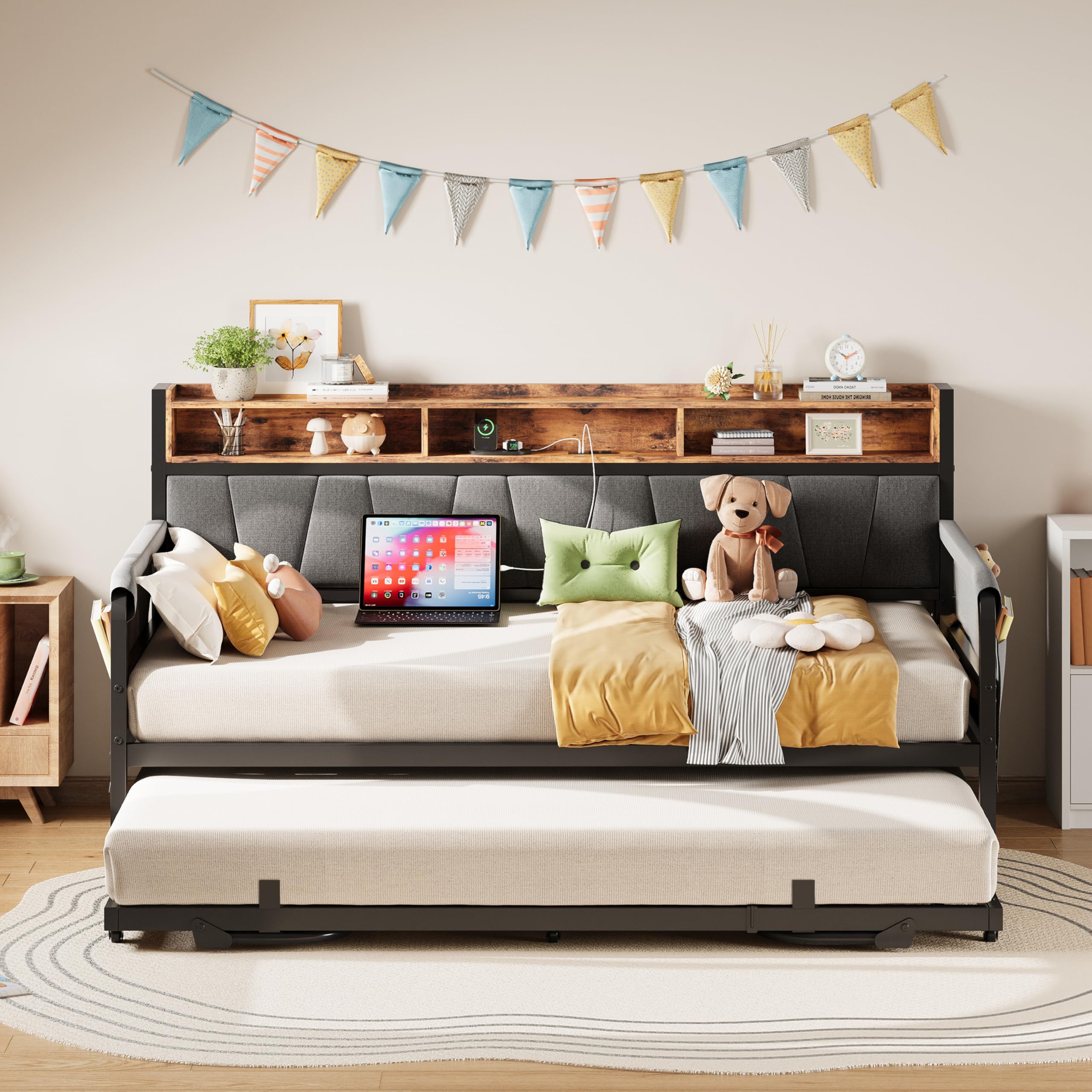 LIKIMIO Daybed with Trundle Bed, Twin Bed Frame with Upholstered Storage Headboard and Charging Station, Sofa Day Bed with Strong Supports for Living