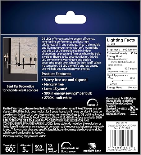 Miniatura 3 de GE Lighting 13173 - Bombilla LED con acabado transparente, regulable, color blanco suave, decorativa, 5 (reemplazo de 60 vatios), 500 lúmenes, base