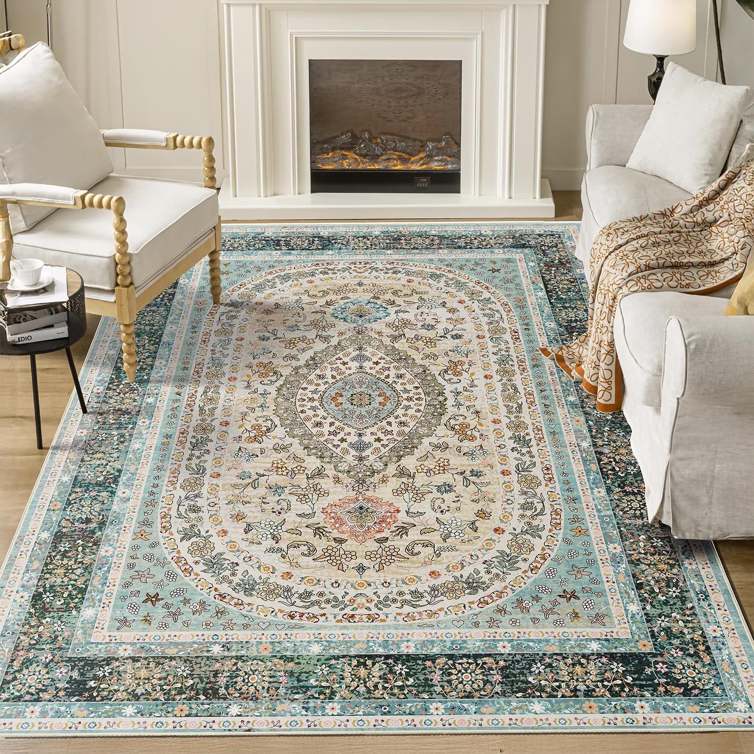 5x7 Area Rugs Washable,Blue Rug for Living Room Bedroom Kitchen,Large Boho Vintage Bohemian Distressed Oriental Carpet Non Slip,Floral 5' x 7' (Rectangular) Blue