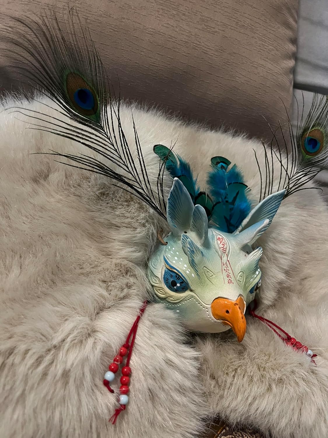 Handmade Ceramic Blue Stem Bird Masks - White And Red Clay Crafts, Mythical Wall Decorations For Easter Gifts, Home Decorations, Collectors (Inspired By The Book Of Mountains And Seas), Party Masks