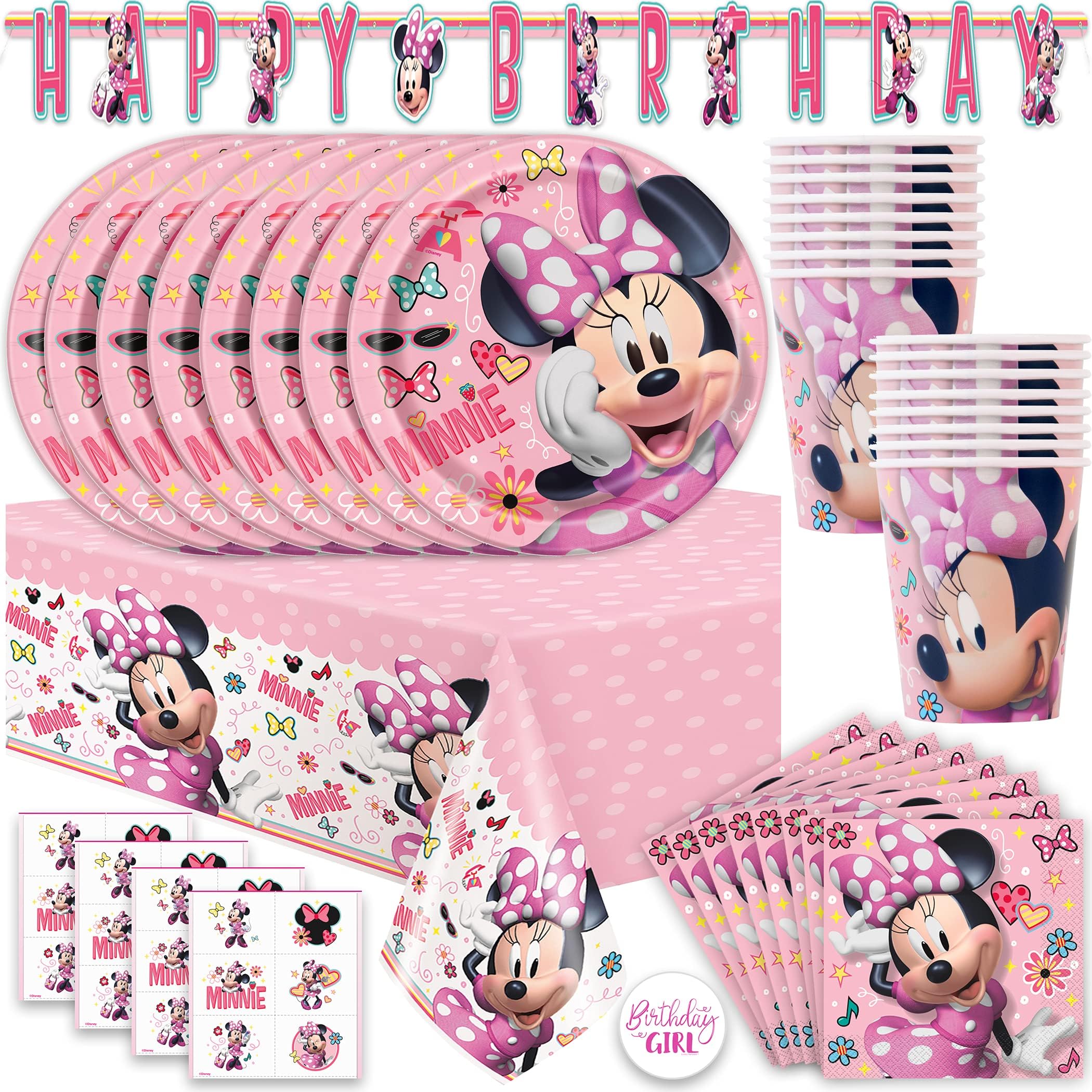 Unique Minnie Mouse Birthday Party Supplies | Decorations Supplies, Serves 16 Guests With Banner, Table Cover, Plates, Napkins, Sticker