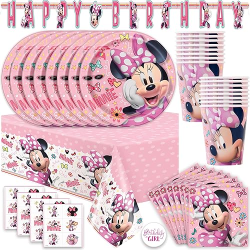Decoraciones de cumpleaños de Minnie Mouse | Sirve a 16 invitados | Pancarta, cubierta de mesa, platos, servilletas, calcomanías, licencia oficial