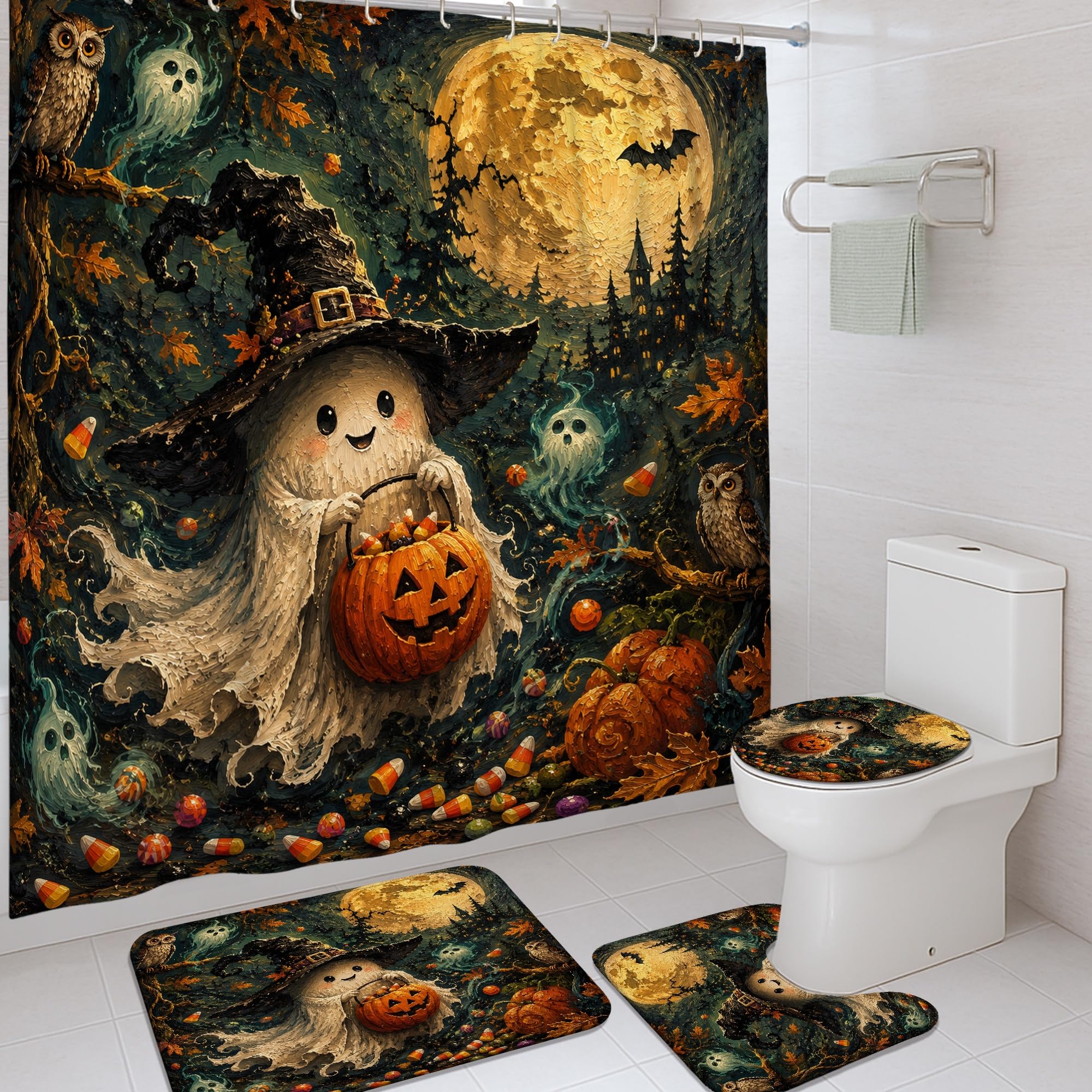 Rideau de douche Halloween citrouilles fantômes pour baignoire noire 183x183