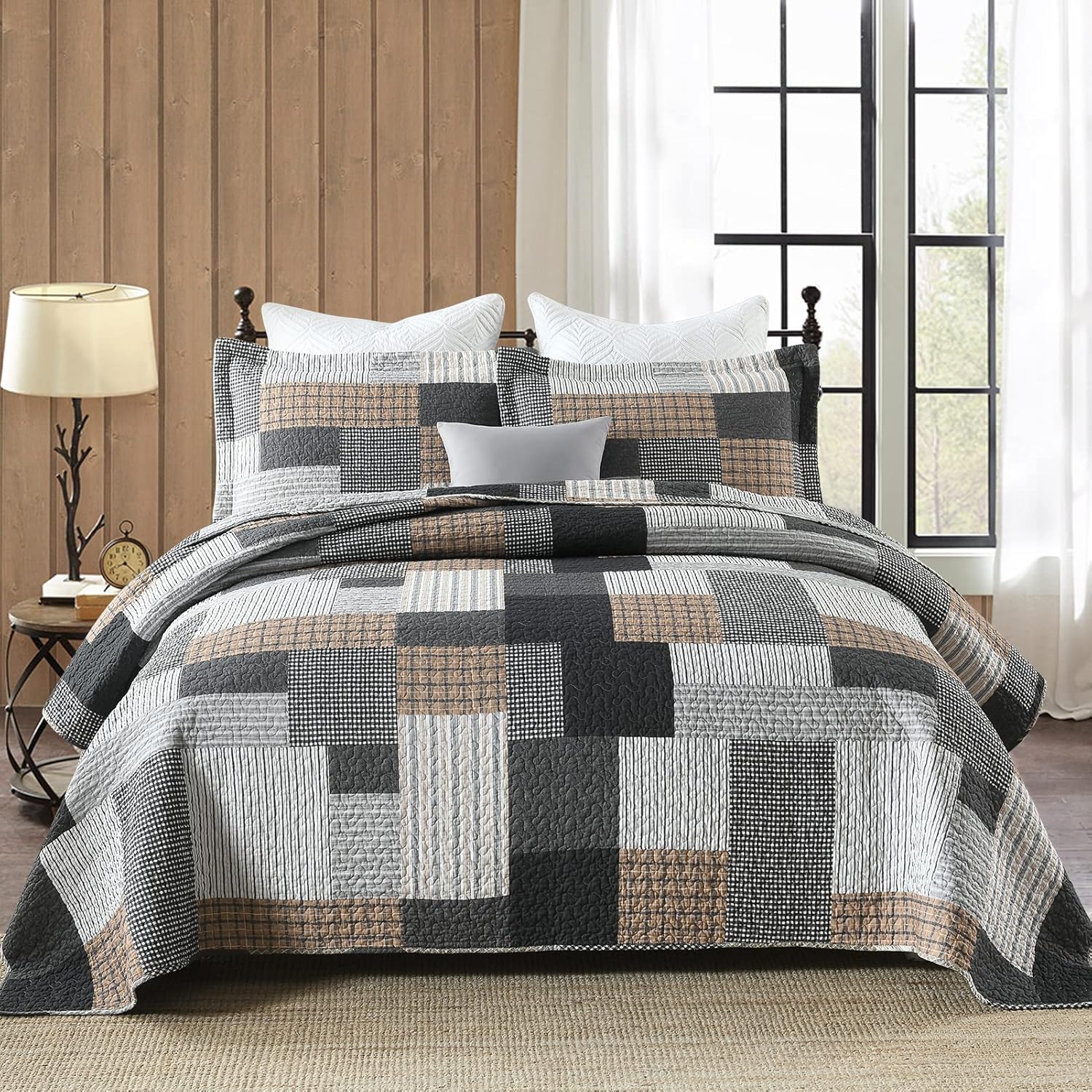 PERHOM Quilt King Size - 100% Cotton Lightweight Bedspread - Gray Brown Black White Plaid Patchwork Soft Reversible Quilt King Size for Bed Set All Season, 3 Pieces