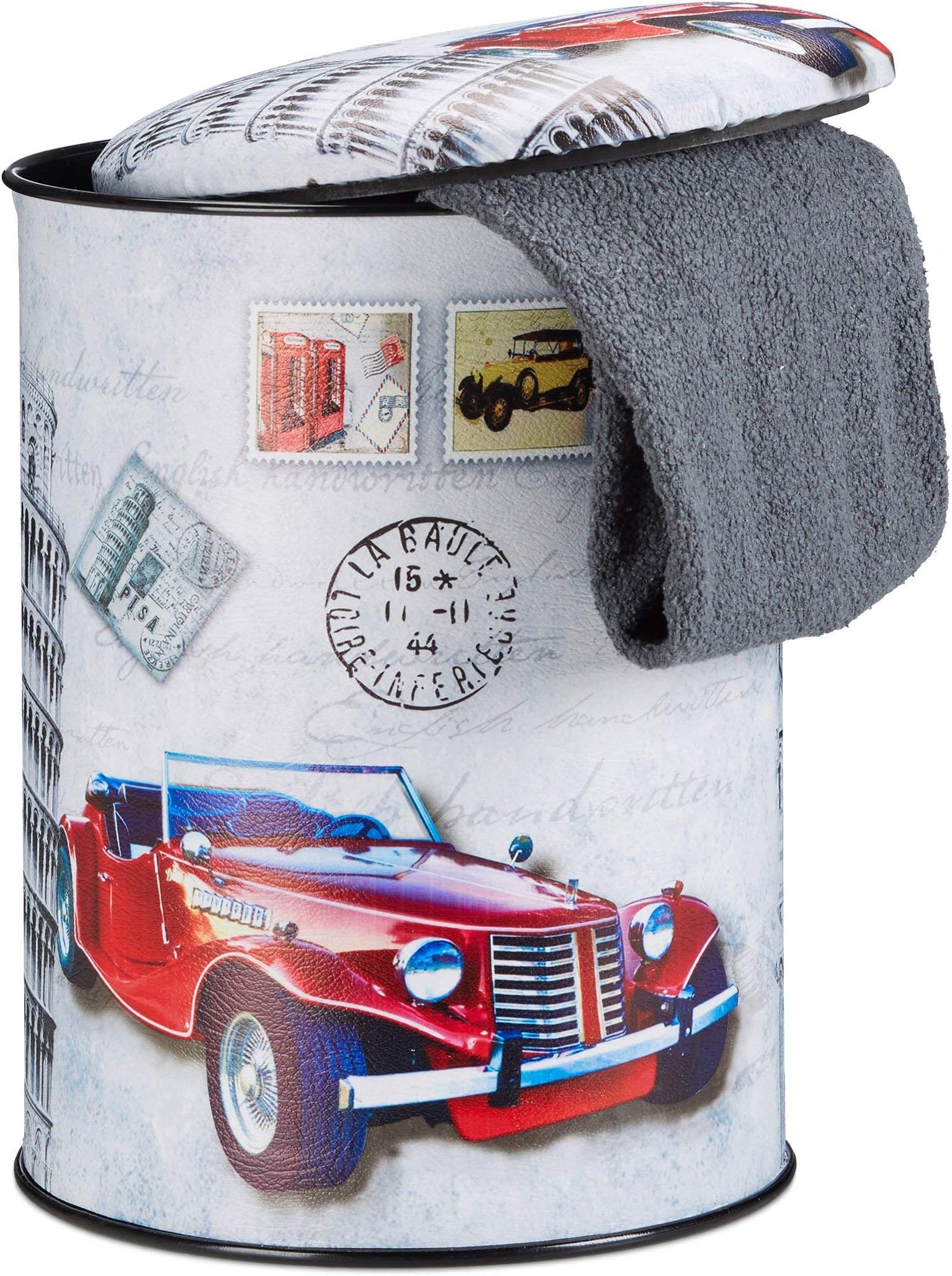 Relaxdays Sitzhocker Mit Stauraum - Vintage Postkarten Design Rom, Faltbar