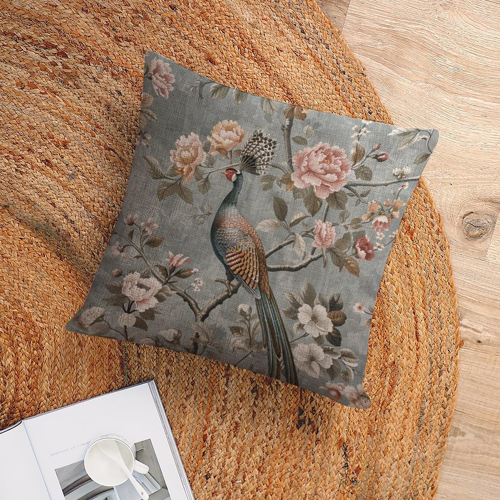 Farmhouse Floral Pillow Covers 16x16 - Birds And Flowers Spring Decor Linen Cushion Cases - View #6