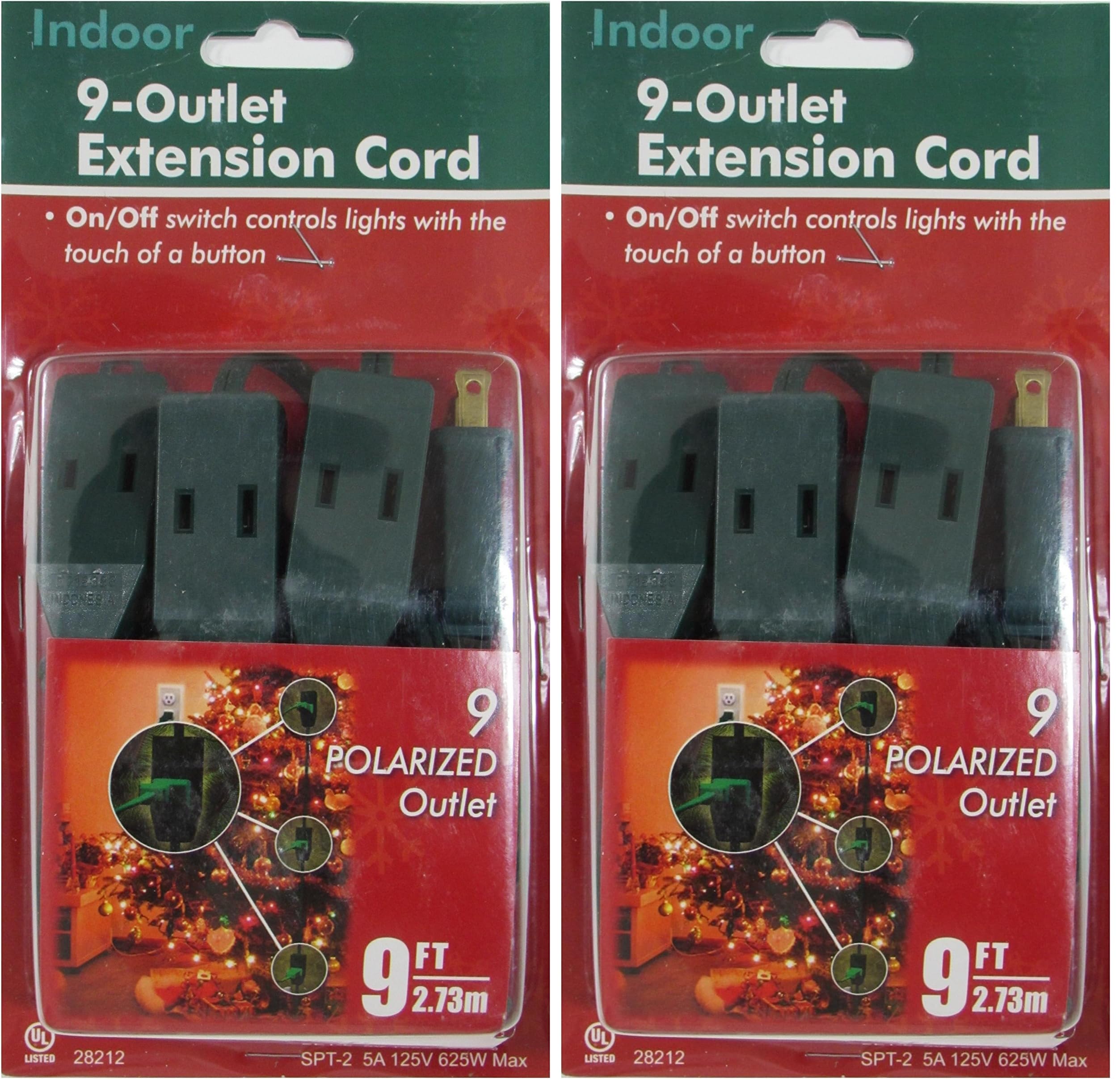 9 Foot Christmas Extension Cord with 9 Polarized Outlets & On/Off Switch - UL Listed (Pack of 2)