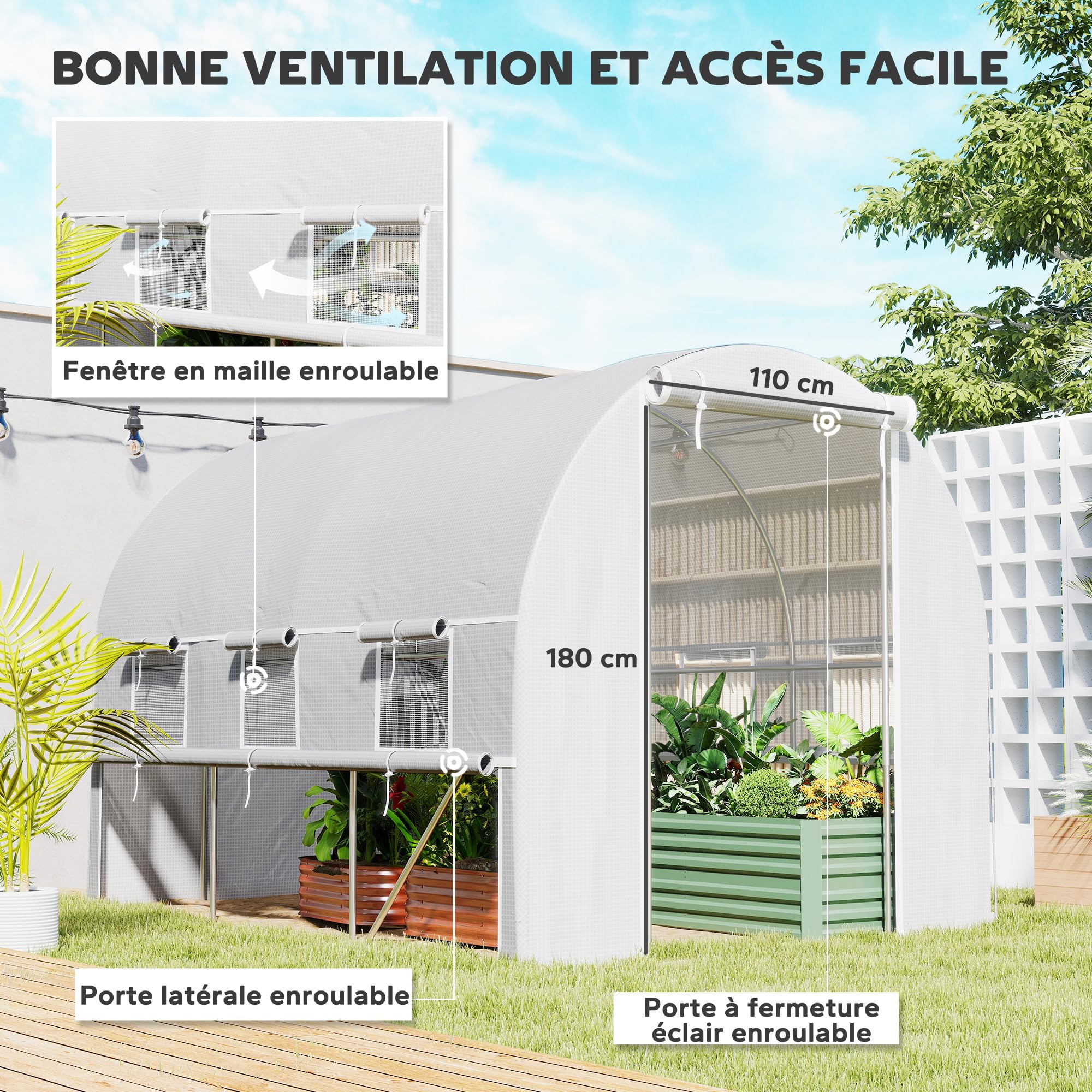 Outsunny Serre de Jardin Tunnel, Serre Tunnel 6 m² avec 6 fenêtres et 1 Porte Enroulable, Toile PE Structure en Acier galvanisé, Blanc