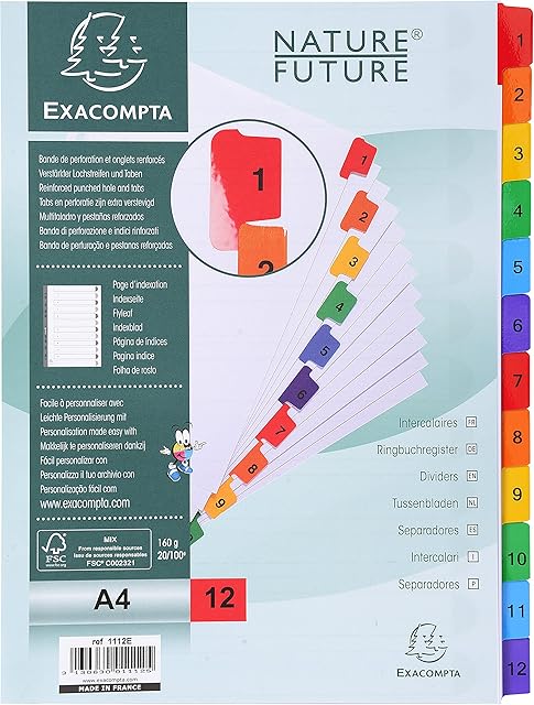 Exacompta - Ref 1112E - Mylar Printed Indices - For Use WithA4 Documents, Pre-Punched, 160gsm White Card with Reinforced Plastic Tabs, FSC-Certified - 12-Part Dividers (1-12)