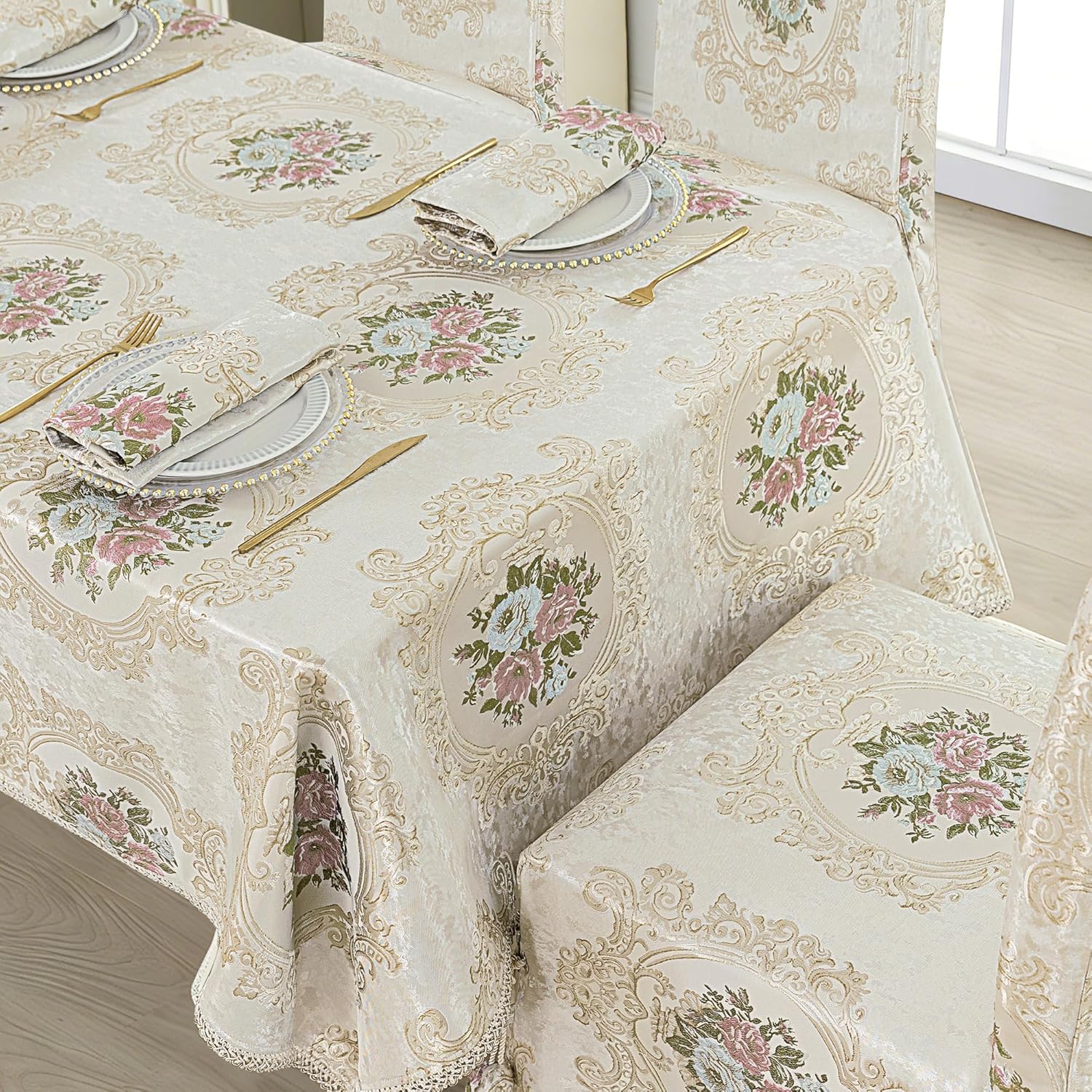 Loom and Mill 1 Piece Elegant Dining Chair Cover, Damask Floral Jacquard Dining Room Parsons Chair Covers with Tassels & Ties, Non Slip Full Cover Furniture Protector for Banquet Party(Pearly Beige)
