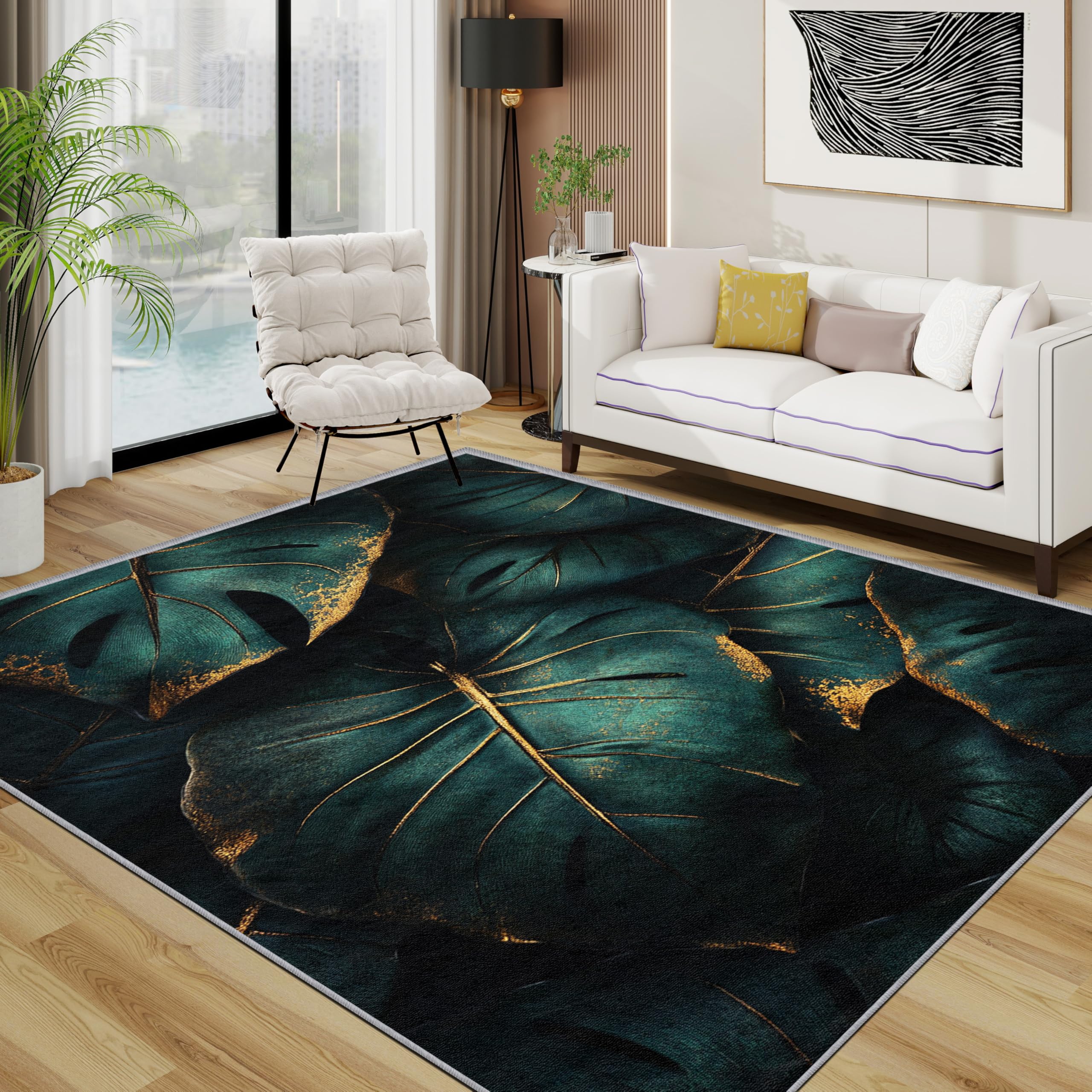 Blätter Teppich 200x200 cm, Luxuriöse Grüne Blatt Waschbarer Teppiche Wohnzimmer, Modern botanisch Pflanzen rutschfest Antirutsch Groß Teppiche Für Esszimmer, Quadratisch, Dunkel Grün Gold