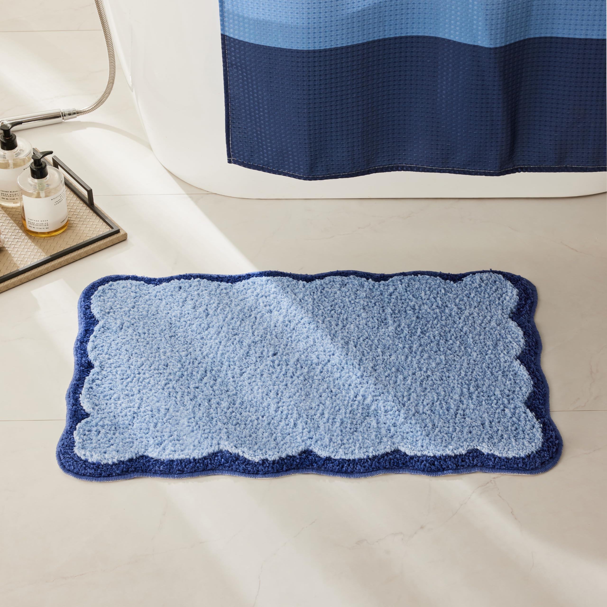 Alfombras de baño de microfibra de lujo, con ribetes festoneados, color azul marino, bonitos tapetes estéticos para baño, bañera, alfombra de suelo, fregadero, ducha, antideslizante, absorbente, 32 x
