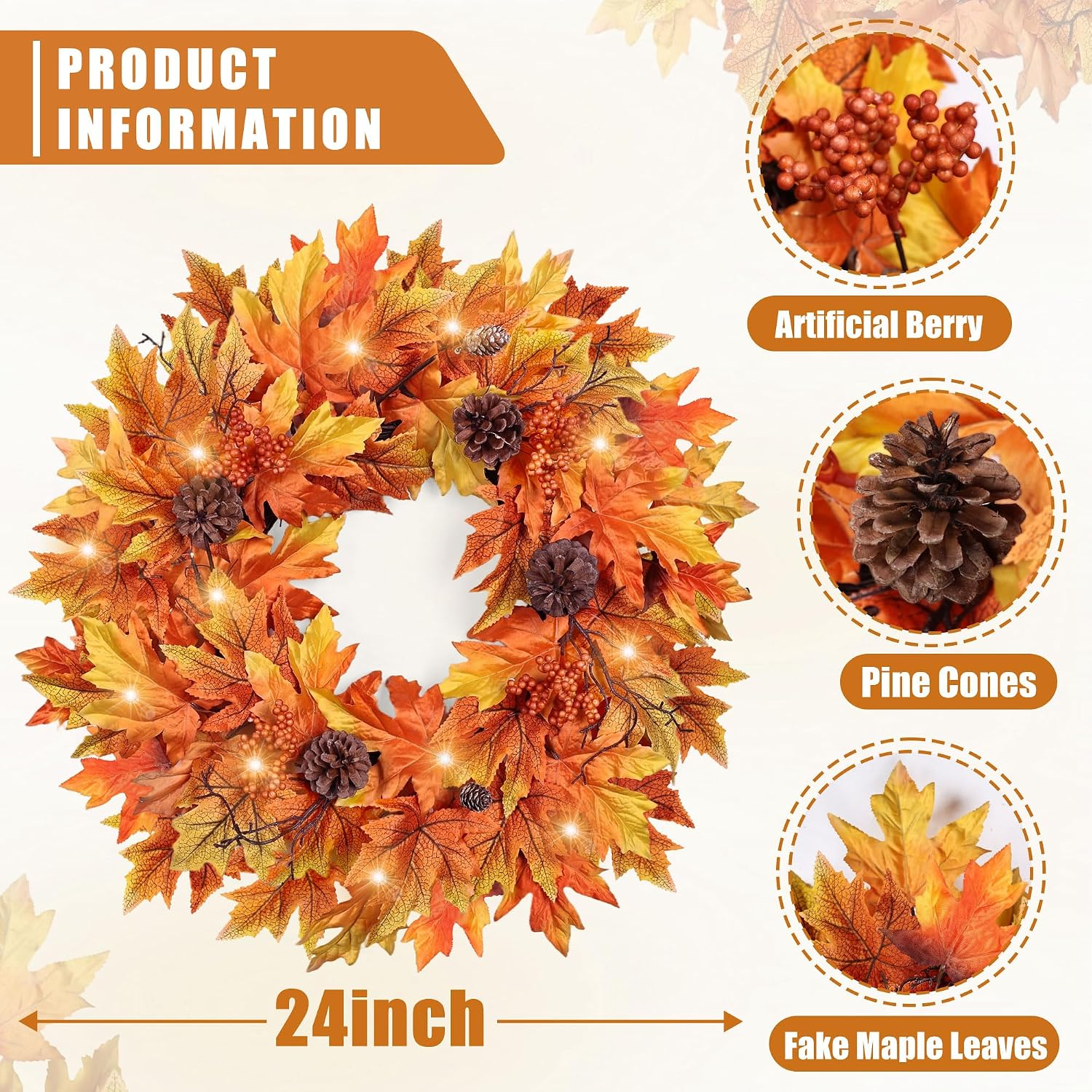 24” Prelit Fall Wreaths for Front Door with Timer & 20 Warm Lights