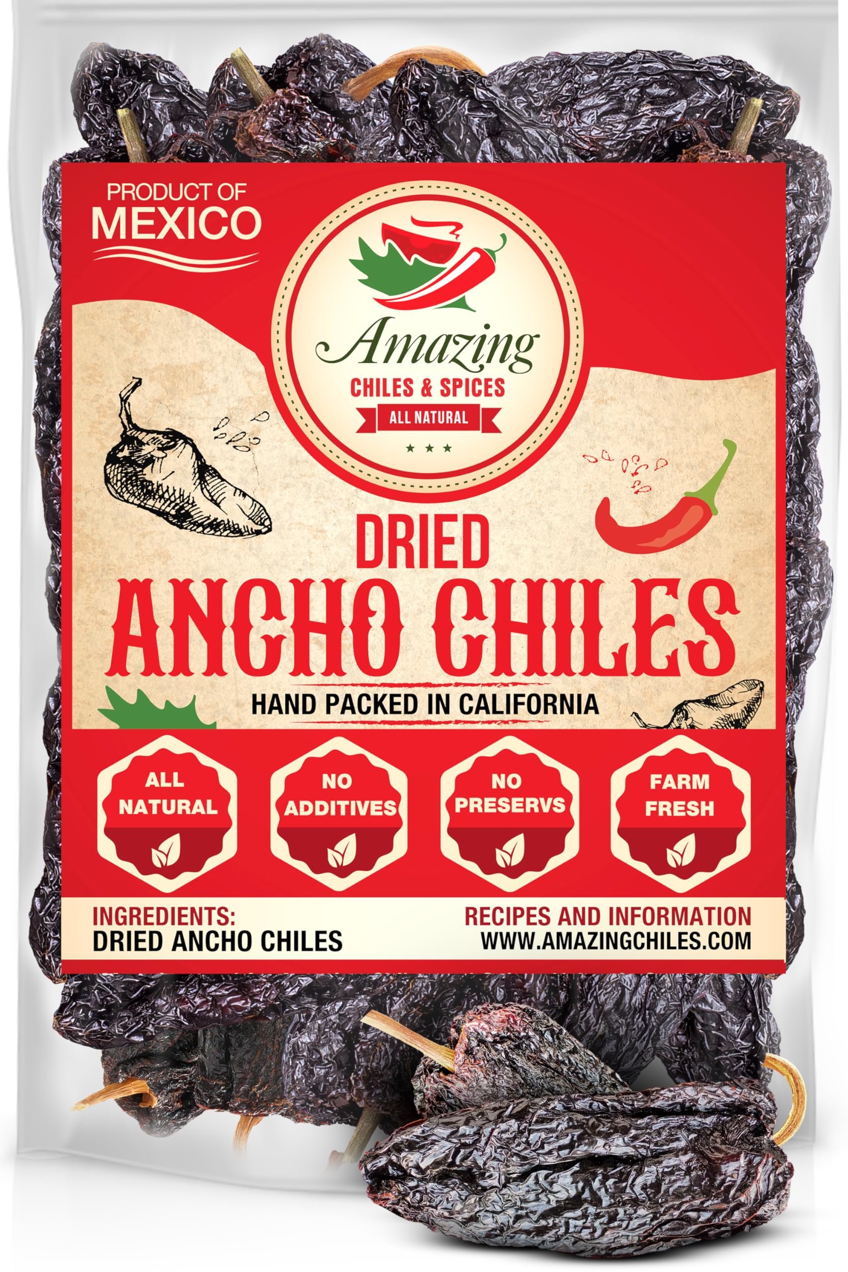 Dried Ancho Chiles Peppers 4 oz – Natural & Premium for Authentic Mexican Mole, Sauces, Stews, Salsas, and More! Sweet & Smoky Flavor with Mild to Medium Heat to Elevate Your Favorite Recipes.