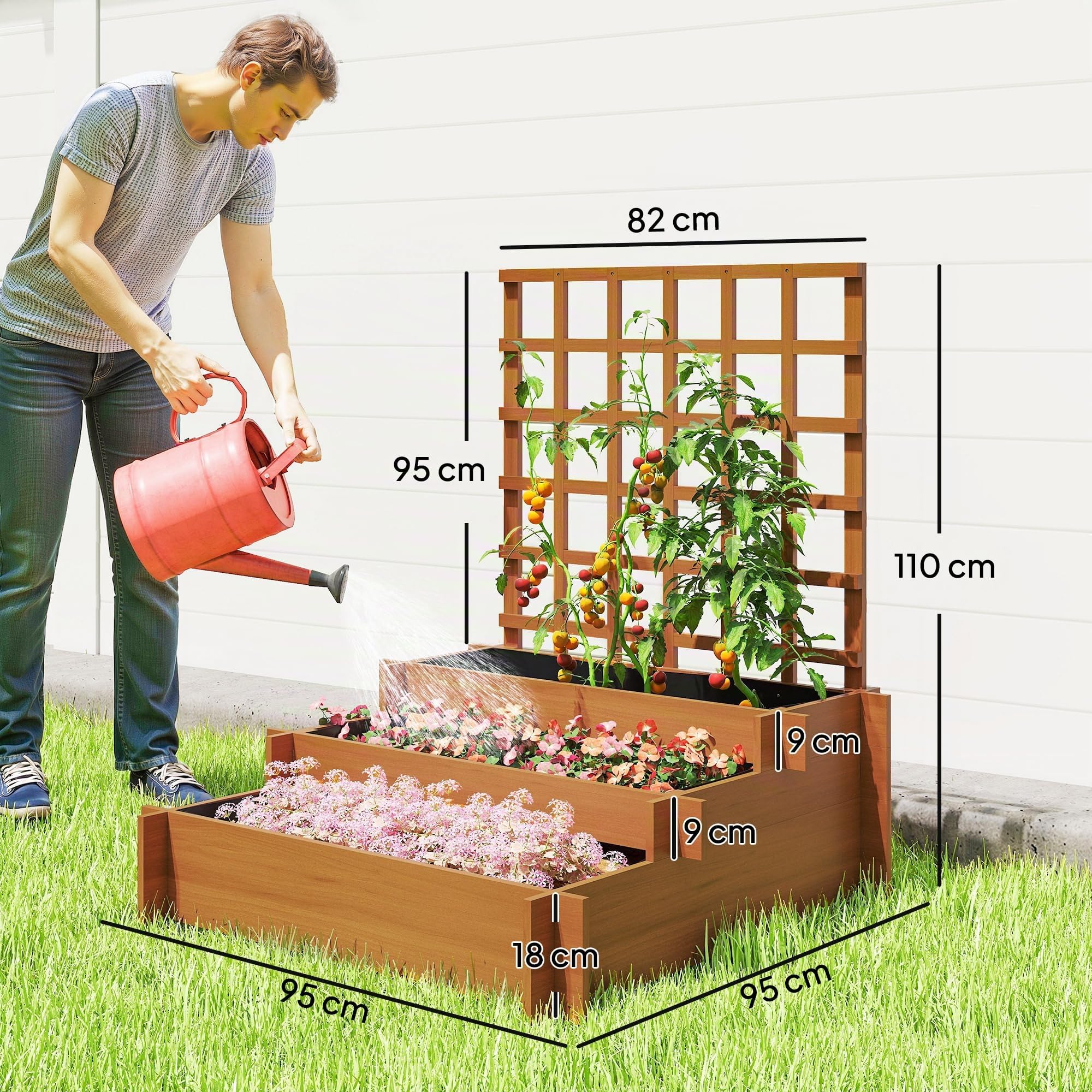 Outsunny Hochbeet mit Rankhilfe 3-Stufig Vliesstoff Braun 95x95x110cm