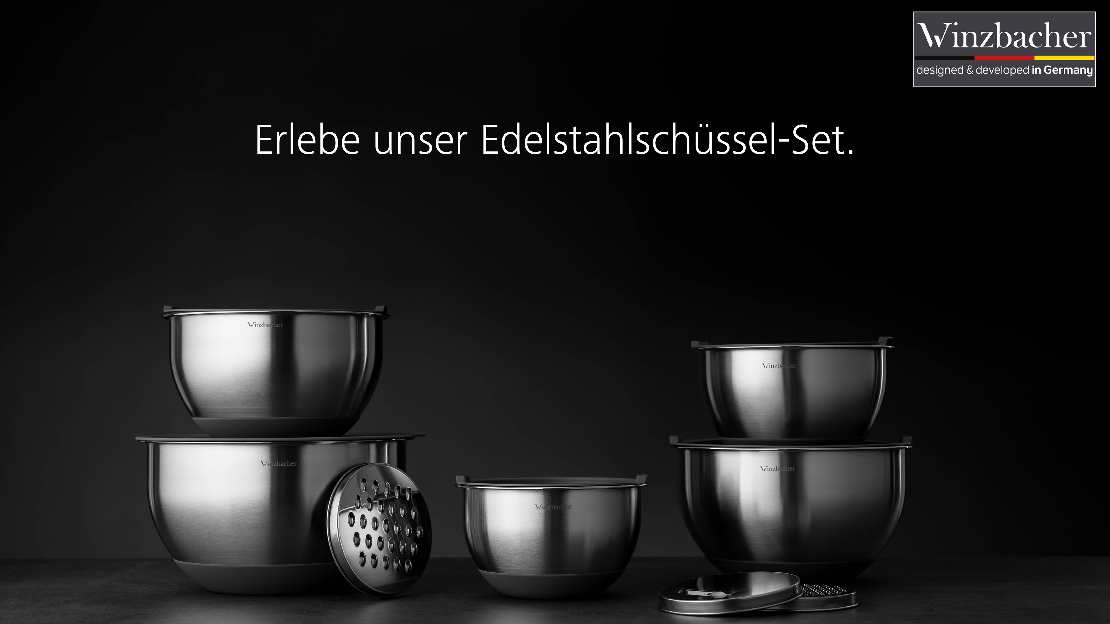 Winzbacher - Schüssel Set aus 304 Edelstahl mit Deckel & Reiben [5er Set] | 1l + 1.5l + 2.5l + 3.5l + 4.5l | Rührschüssel, Salatschüssel, Servierschüssel | rutschfest | stapelbar