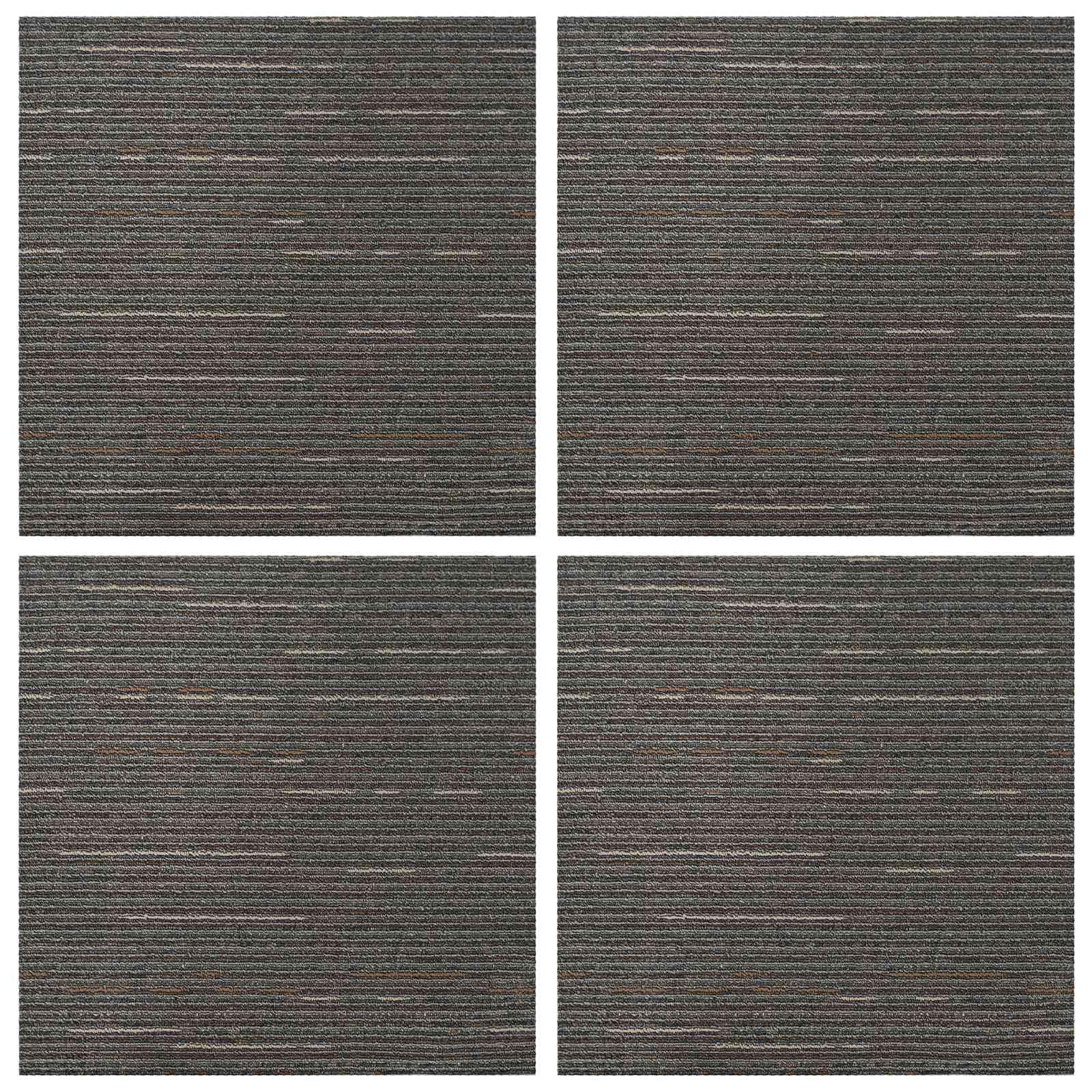 Azulejos de alfombra a rayas marrón oscuro, 50 x 50 cm, 4 unidades para salón, dormitorio con aislamiento acústico, base antideslizante de polipropileno y betún