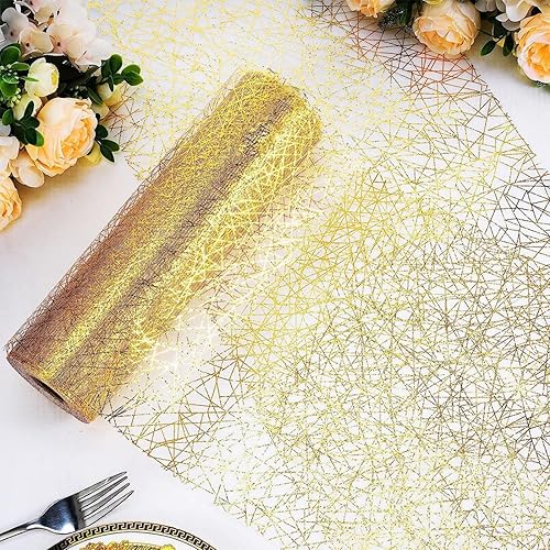 Camino de mesa dorado metálico de 98 pies, tela con purpurina para todas las estaciones, camino de mesa de corte de poliéster para fiestas de