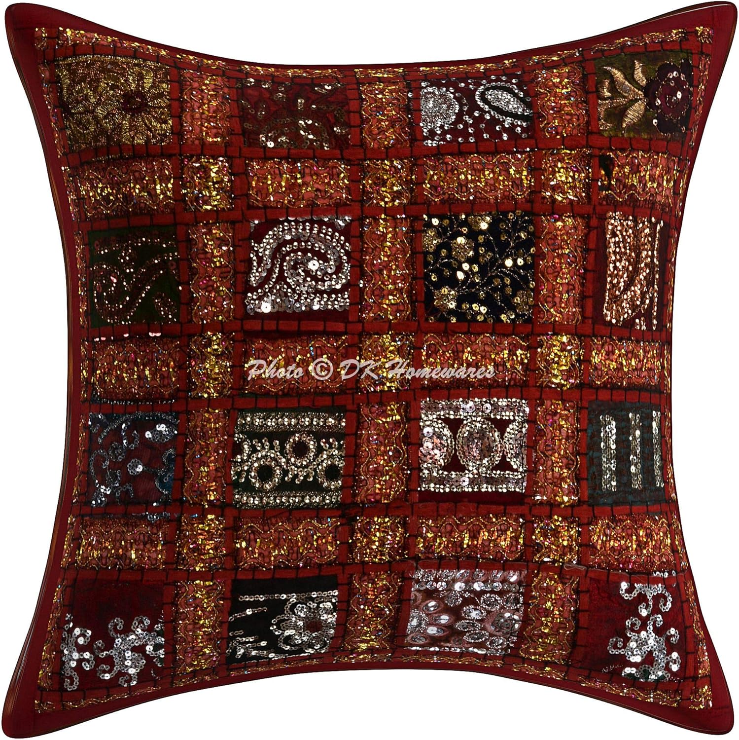 Bohemian Decorative Accent Throw Pillowcases 16x16 Inch Cotton Patchwork Geometric Indian Square Sofa Cushion Covers (Size - 40x40 cm ; Color: Maroon) - Set of 5 Pcs (Cover Only)