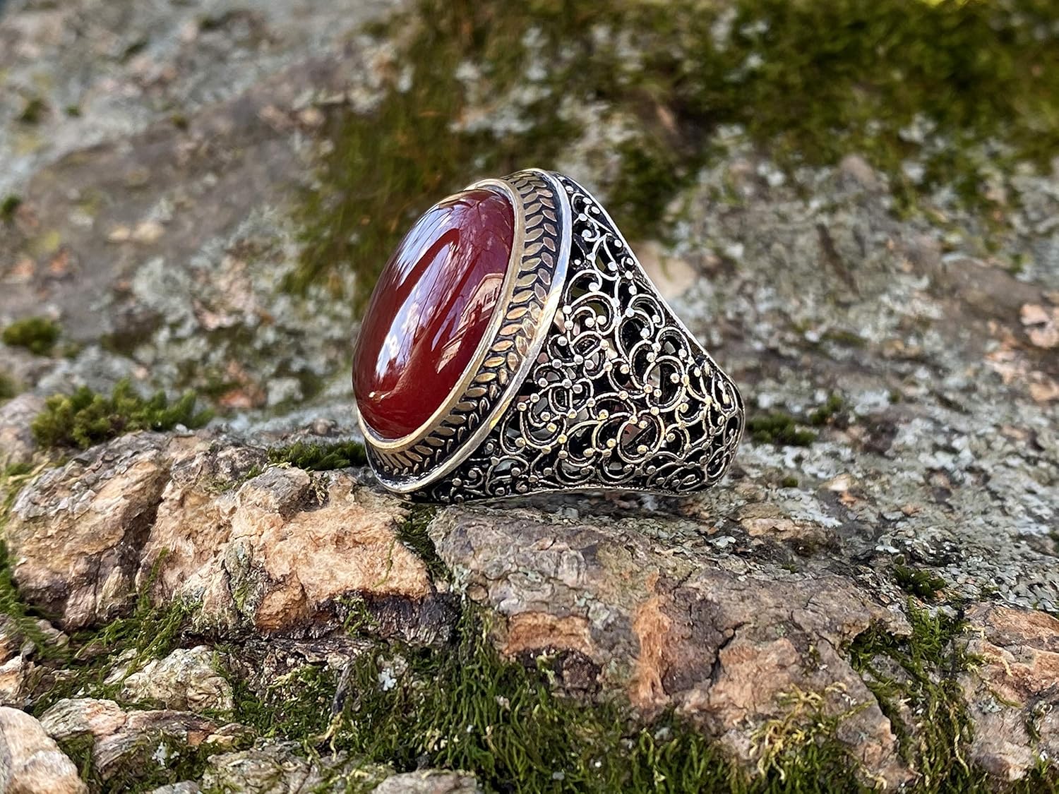 KAR 925K Stamped Sterling Silver Agate (Aqeeq) Men's Ring I1T