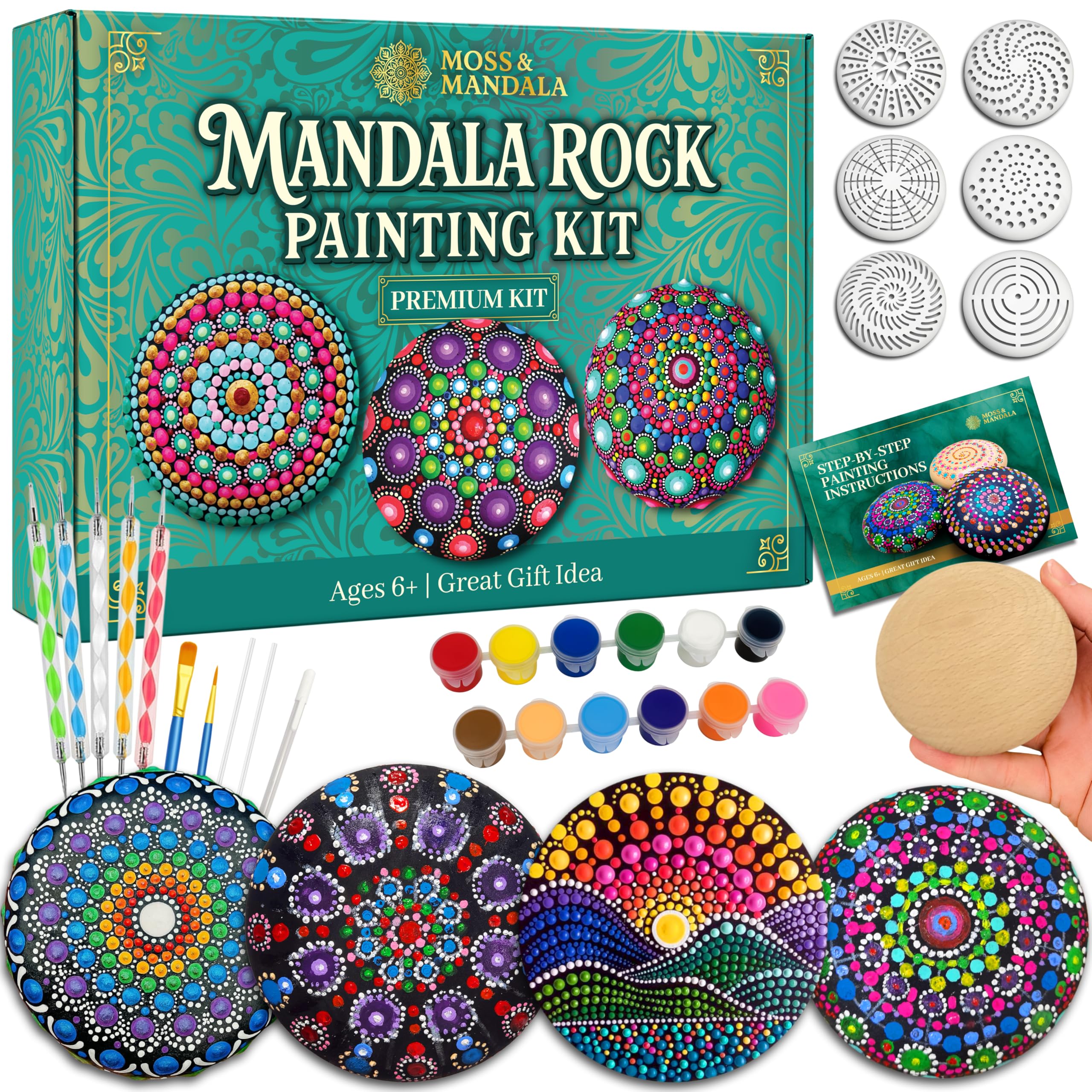 Condition photo showing New/Like New for mandala rock painting kit  mandala dotting tools set - 5 large wooden rocks + 6 stencils + acrylic paints - relaxing arts and crafts for adults women - diy hobbies art and projects dot art kit