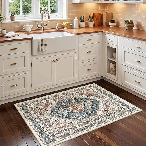 Miniatura 176 de Madane Alfombra lavable de 2 x 3 pies, alfombra de entrada pequeña, antideslizante, vintage, para entrada interior, alfombra de pelo bajo