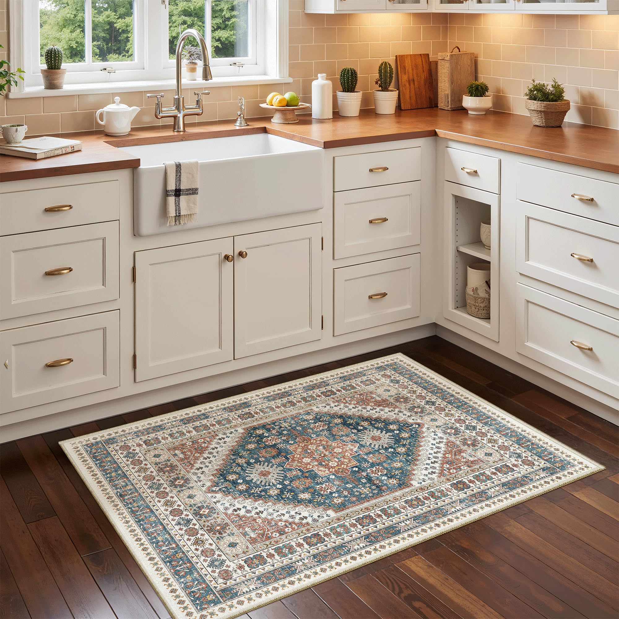 Madane Washable Area Rug 2x3, Small Entryway Rug Non-Slip Vintage Door Mat Indoor Entrance, Low Pile Floor Carpet for Inside Front Door Bedroom