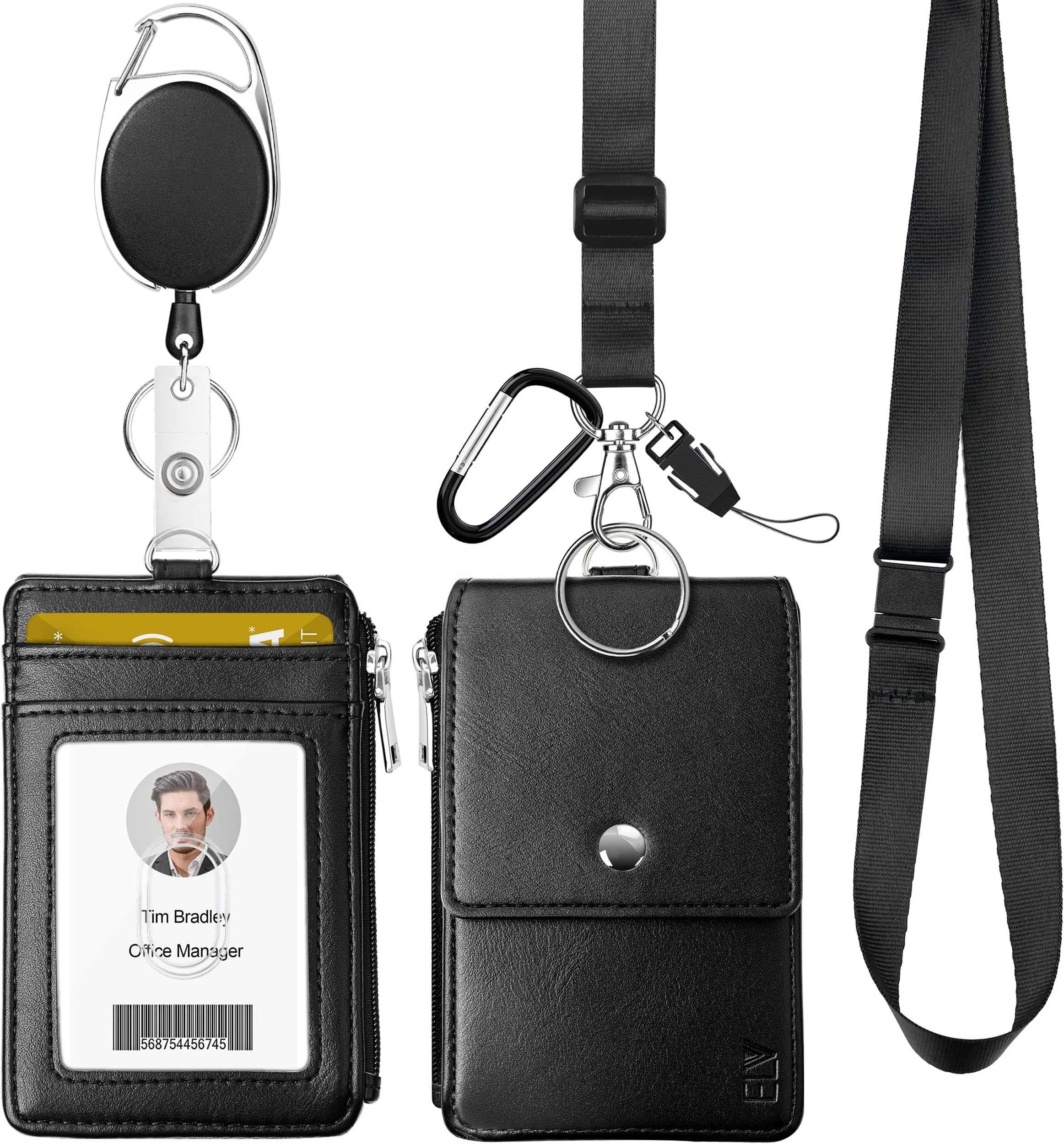 ELV Badge Holder, ID Badge Card Holder Wallet with 5 Card Slots, 1 RFID Blocking Pocket, Retractable Reel and Neck Lanyard Strap for Offices ID, School ID, Driver Licence