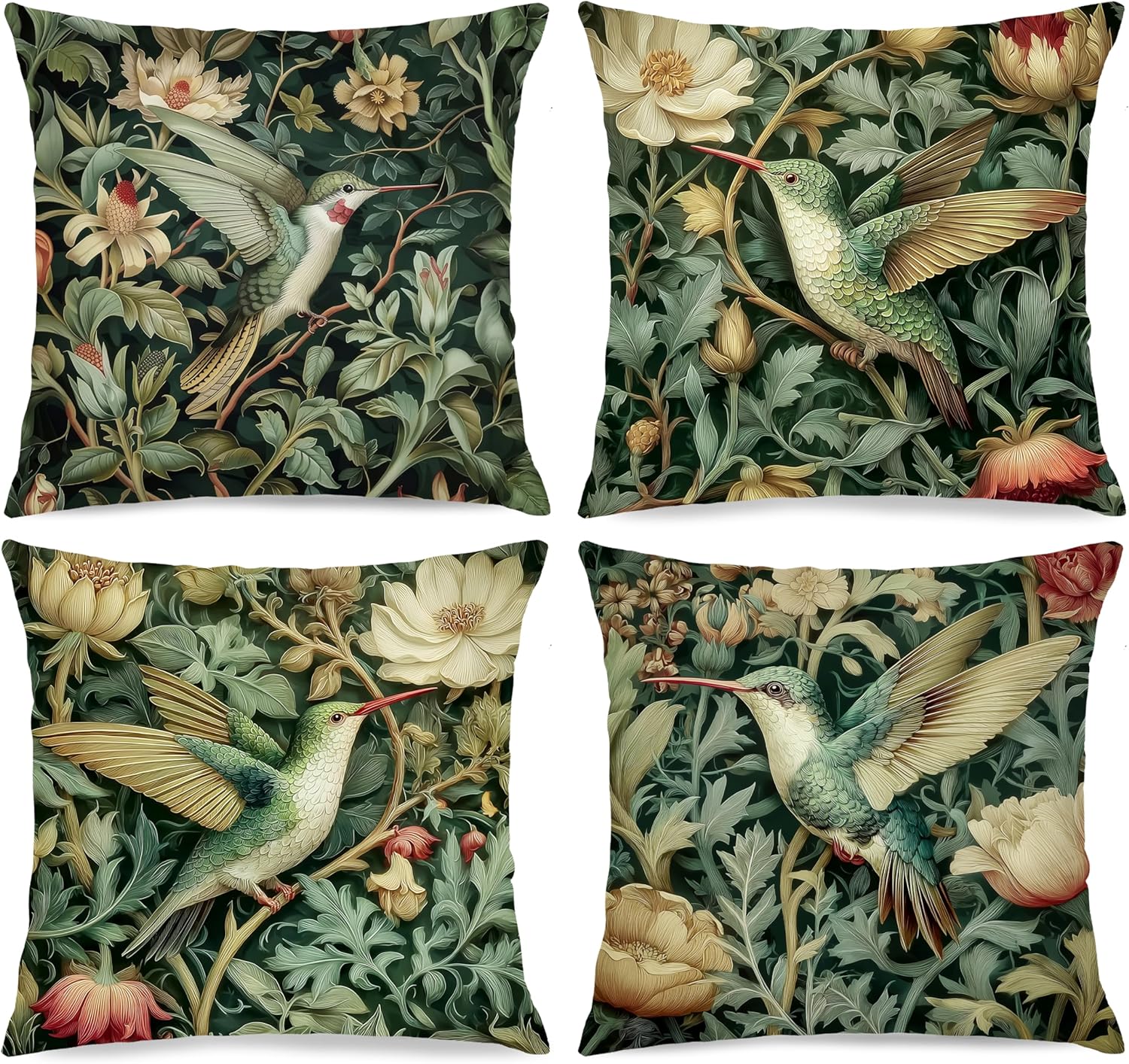 Vintage William Morris Hummingbird Pillow Cover 18x18 Set of 4,Rustic Green Hummingbird Bird Animal Floral Botanical Print Decorative Throw Pillow Covers for Home Bedroom Living Room