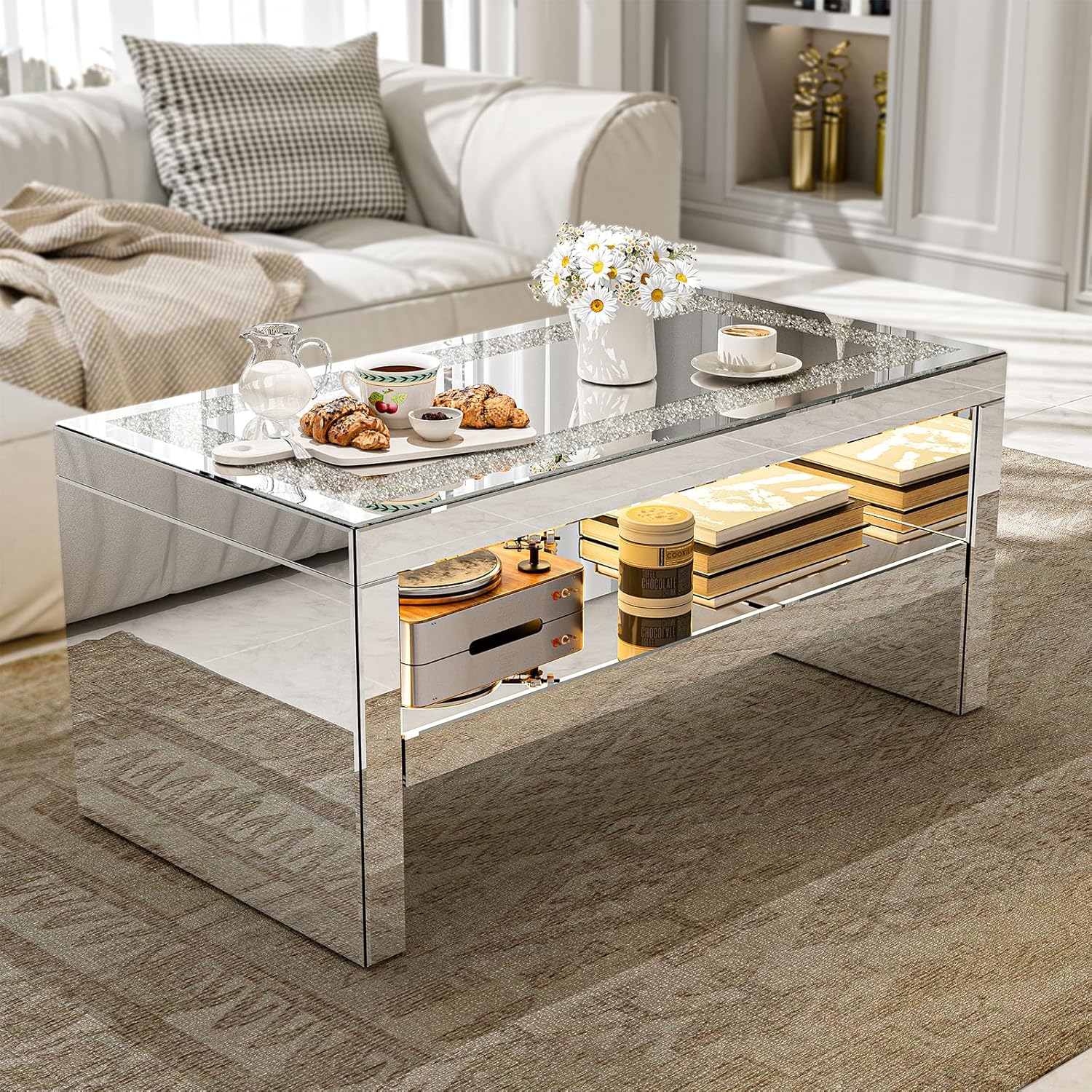 IKIFLY Mirrored Coffee Table with Mirror Crystal Board, Glass Rectangle End Table Coffee Tea Table with 2 Tier for Living Room Bedroom