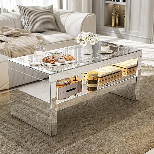 Miniatura 16 de IKIFLY Mesa de centro con espejo con 2 niveles, mesa de centro rectangular 2 en 1 con diamante triturado, mesa de sala de estar plateada con patas