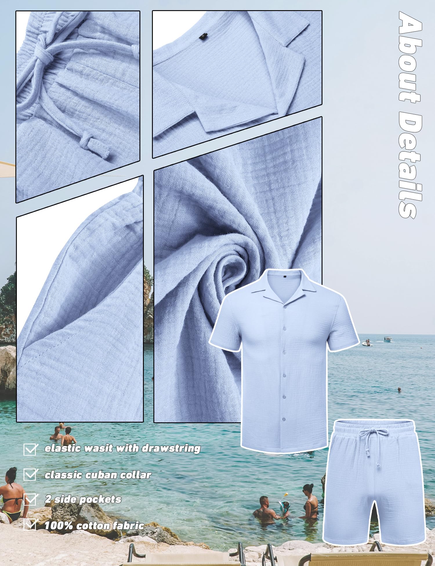 URRU Set da 2 pezzi da uomo con camicia a maniche corte e pantaloncini, per spiaggia, vacanze tropicali