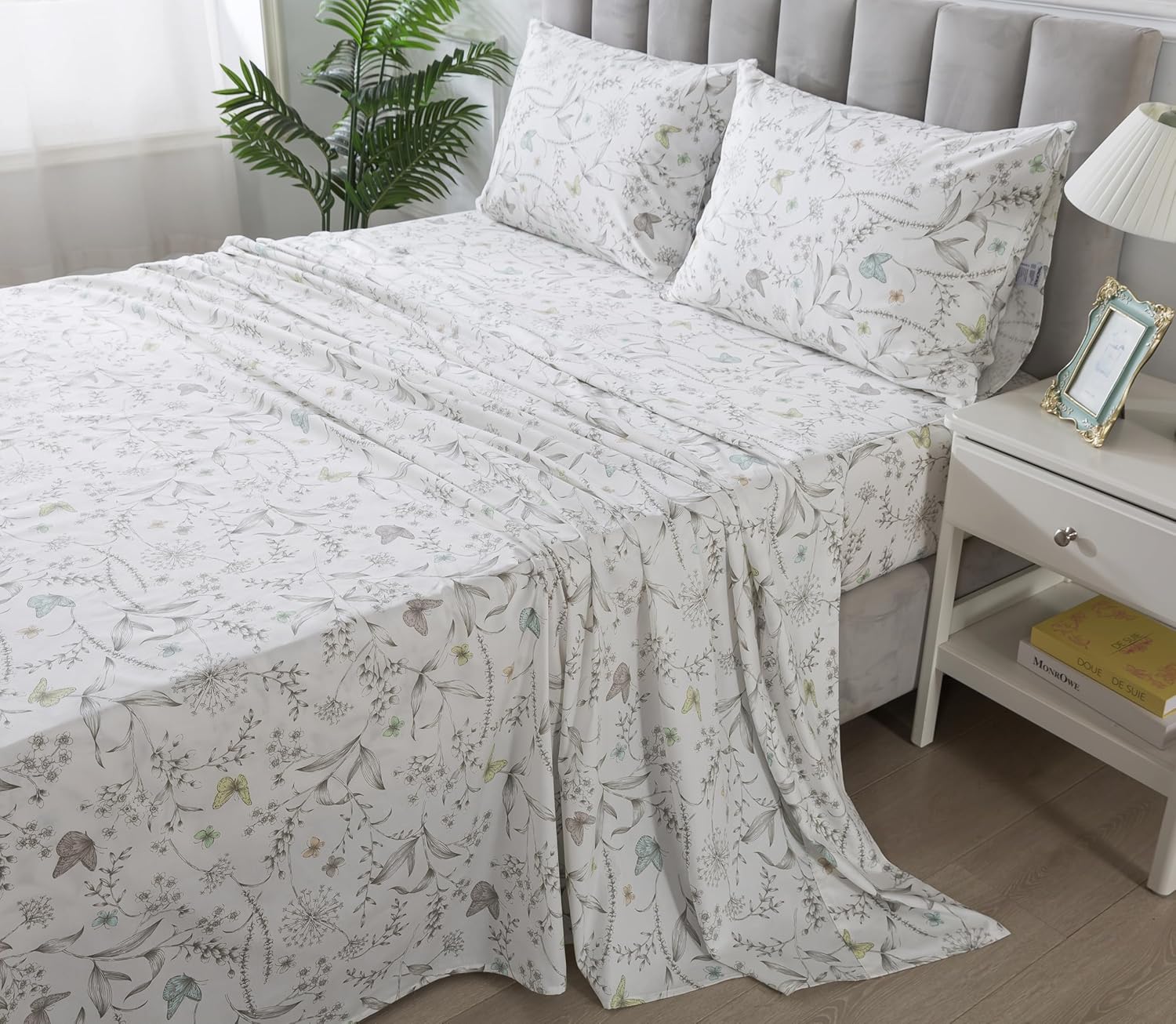 FADFAY Floral Sheets Colorful Butterfly Bed Sheets Set Vintage Botanical Bedding Shabby Branches Leaves Bedding Collections 100% Percale Cotton Breathable Soft Deep Pocket 4Pcs, California King Size