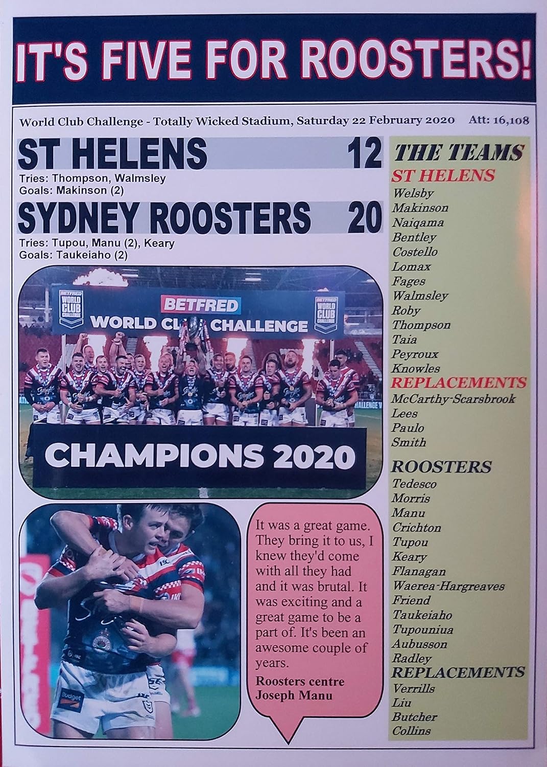 St Helens 12 Sydney Roosters 20-2020 World Club Challenge - Souvenir Print