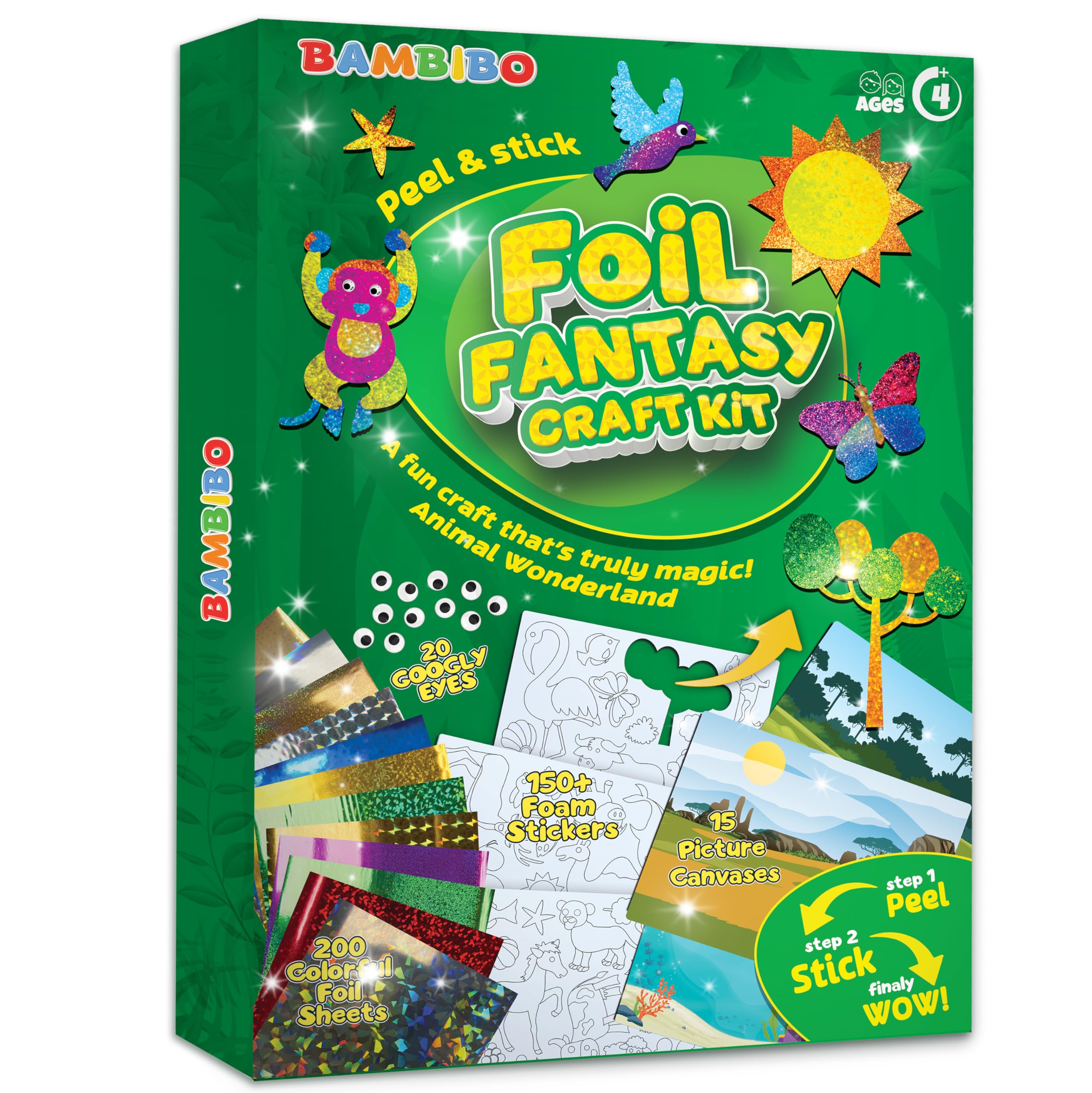 Bambibo Foil Art for Kids - Mega Pack | 200Pcs, Foil Fantasy Craft Kit | 15 Canvases for Crafting | No Mess Transfer Sheets for Crafts | DIY Art for Kids Ages 4-8