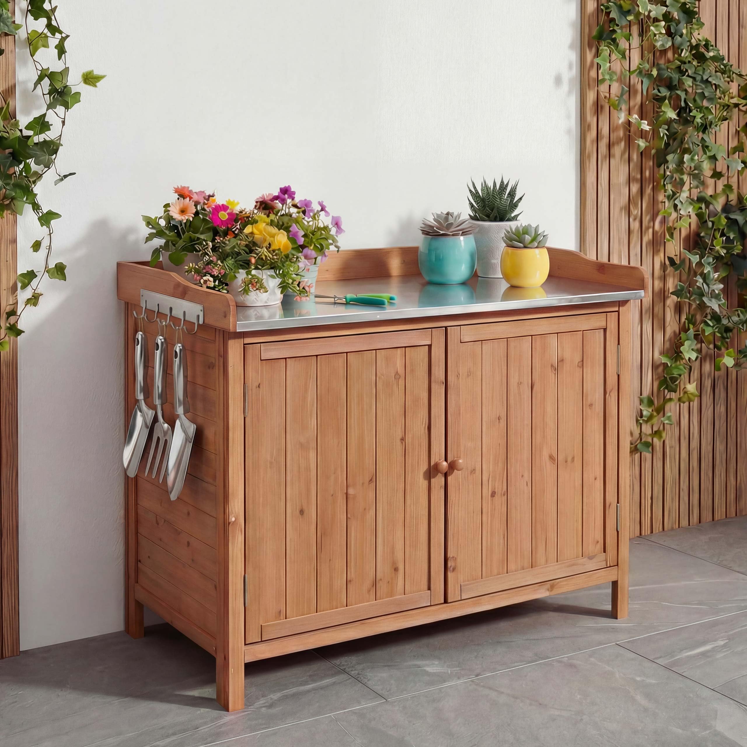 Mendler Armario de jardín con encimera HWC-L69, mesa para plantas, madera de abeto exterior, certificado FSC®, 86 x 104 x 52 cm, color marrón