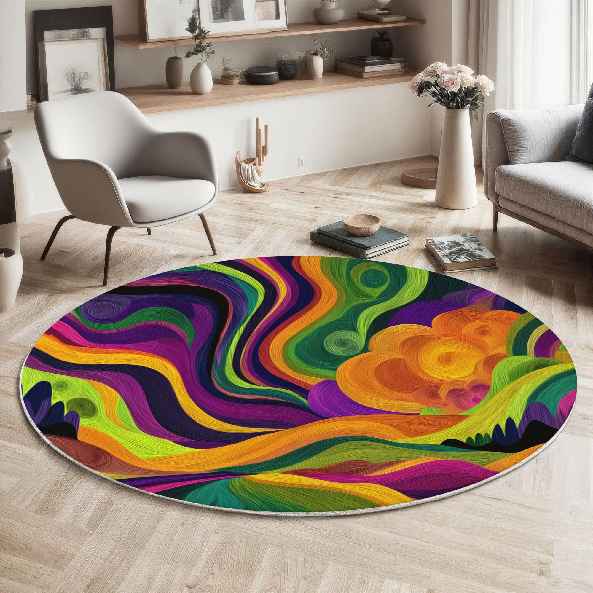 Tapis illustrations psychédéliques rond 80cm antidérapant coloré pour entrée