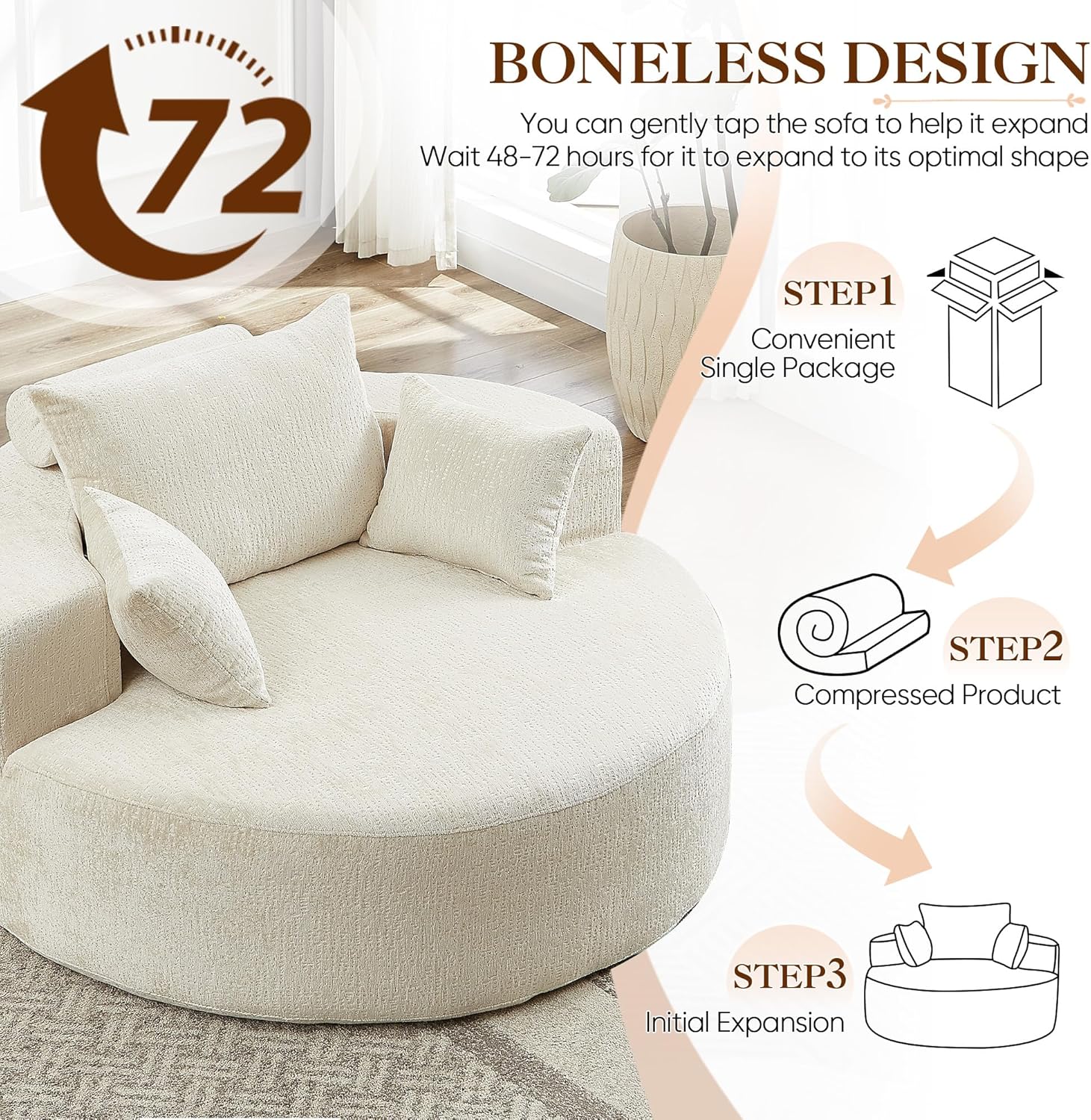 A person relaxing on the Antetek Oversized Round Chaise Longue Chair with a dog, showcasing the premium chenille fabric texture.