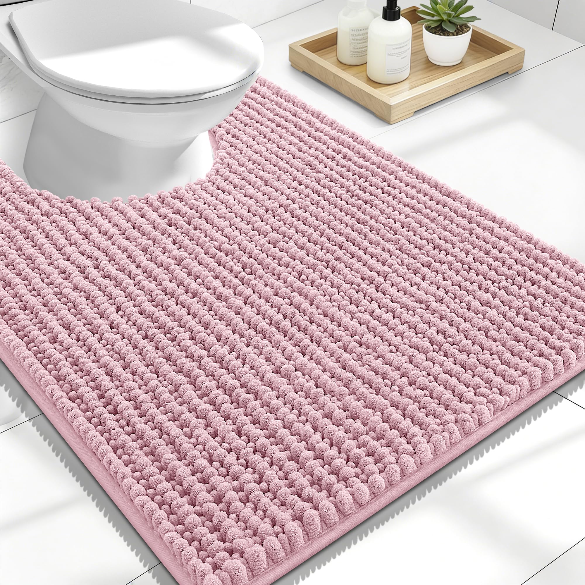 OLANLY Thick Chenille Toilet Rugs U-Shaped 24x20, Dusty Rose