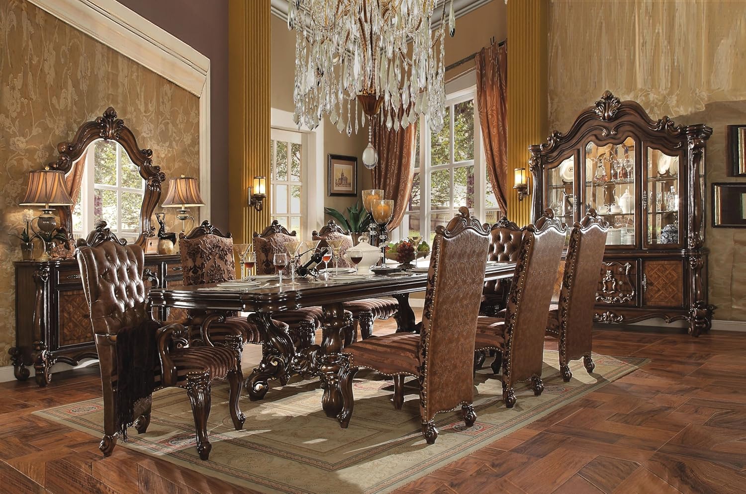 Cherry Oak Formal Dining Table Set – 9pc, Extendable Table,