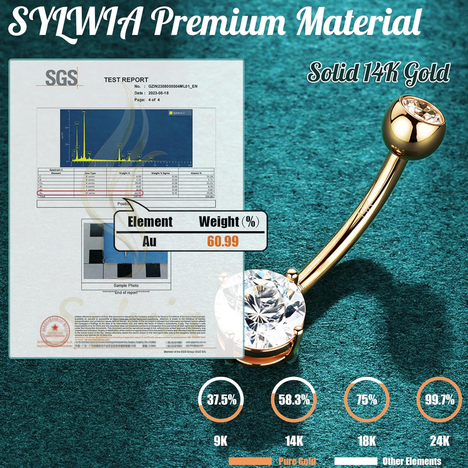 SYLWIA 14K Real Gold Belly Button Ring, 14G Thread Belly Piercing Jewelry, Diamond CZ Solid Gold Belly Rings Navel Piercing Jewelry for Women - Image 2